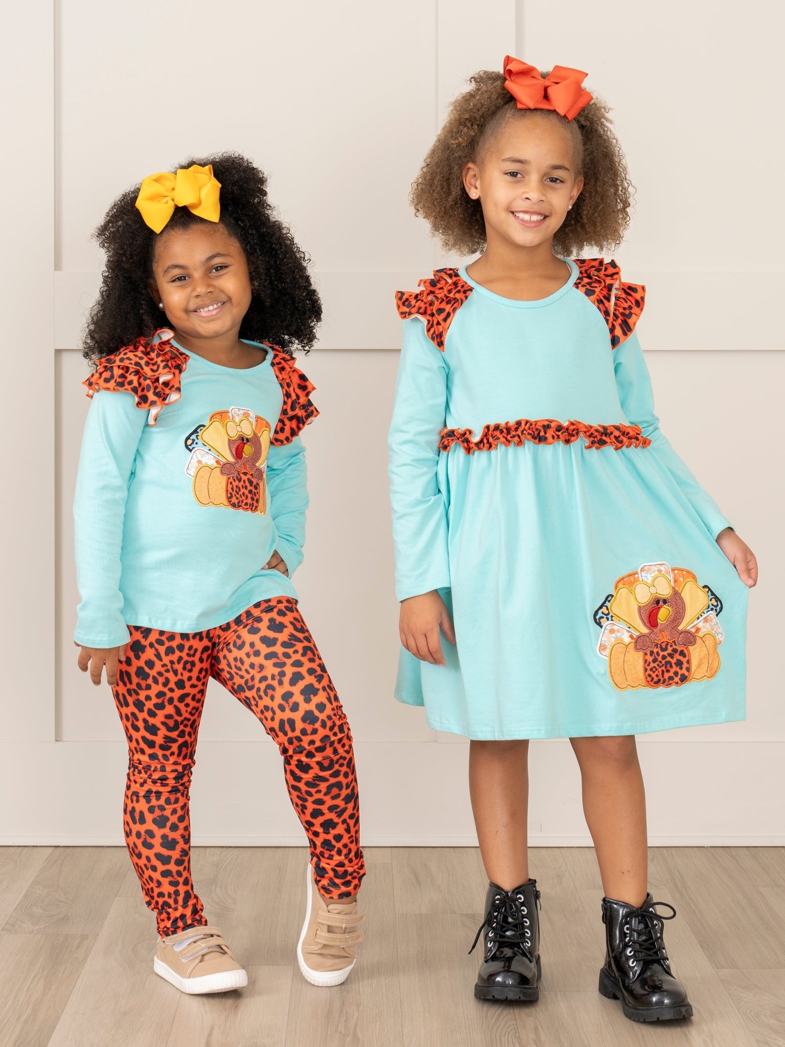 Aqua & Leopard Embroidered Turkey Ruffle Dress - Marie Nicole Clothing