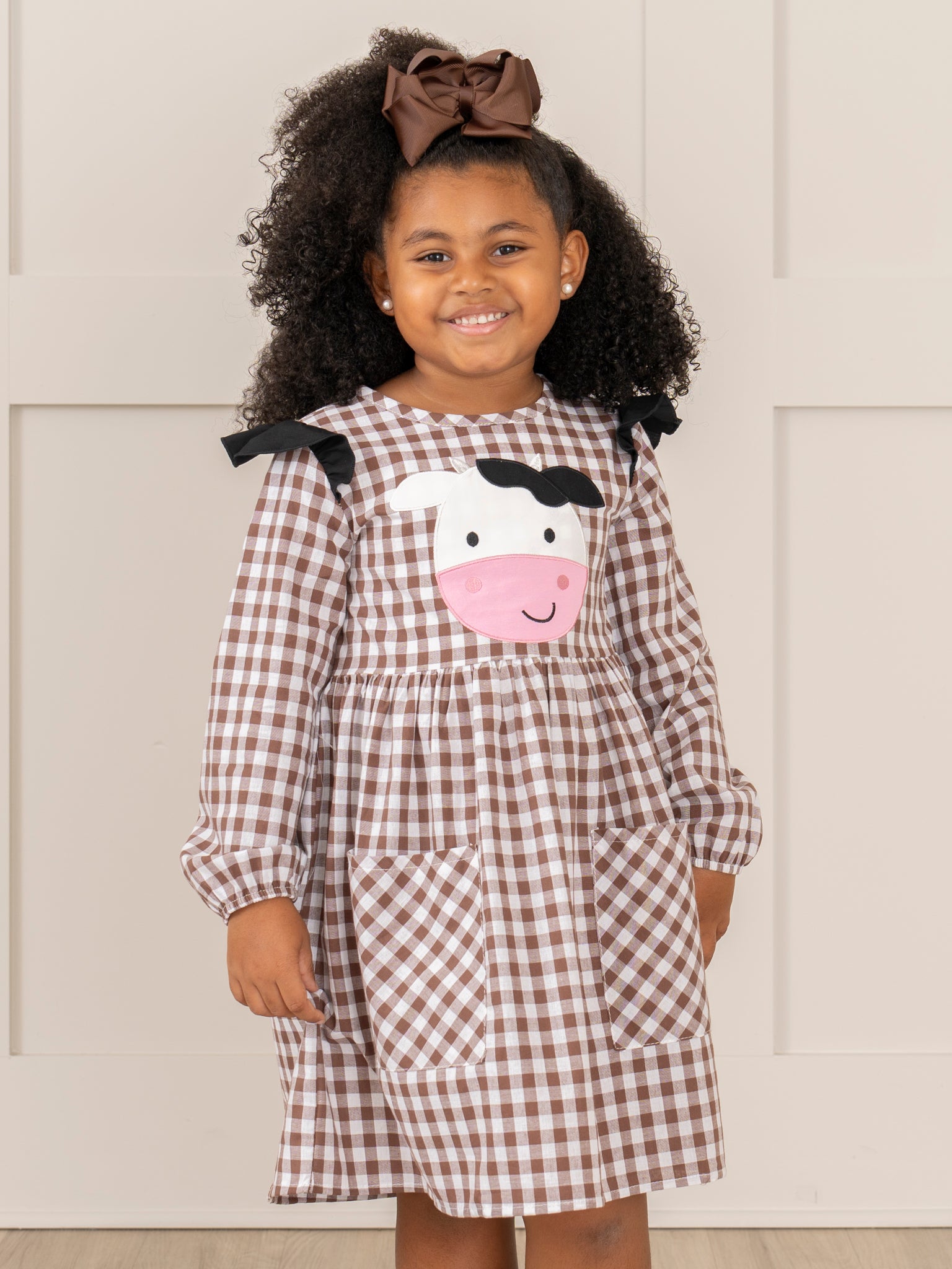 Brown Gingham Cow Pocket Dress - Marie Nicole Clothing