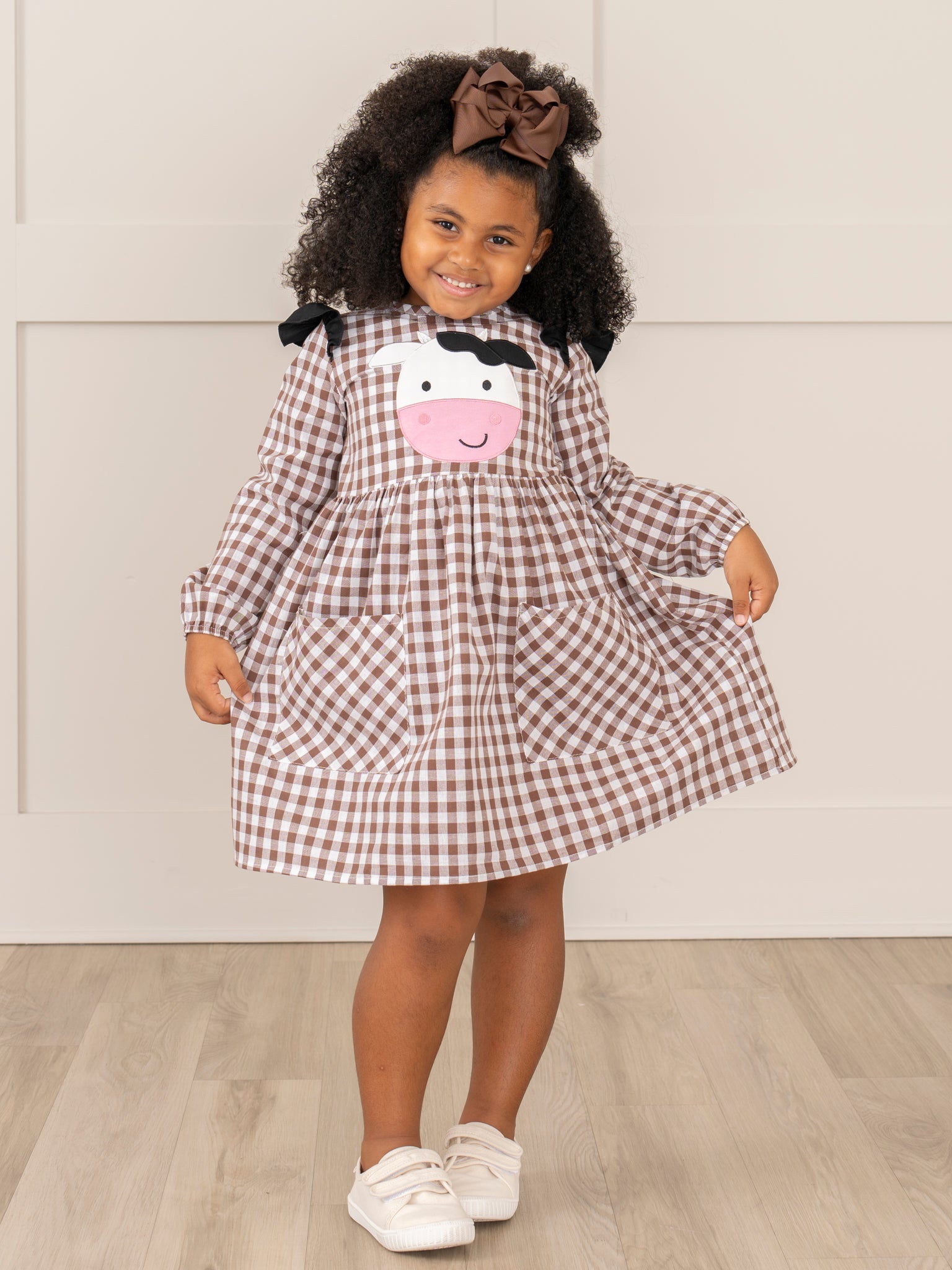 Brown Gingham Cow Pocket Dress - Marie Nicole Clothing