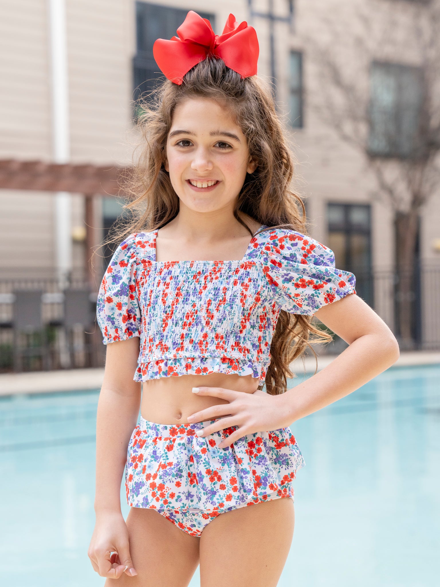 Red & Blue Floral Puff Sleeve Ruffle Swimsuit - Marie Nicole Clothing