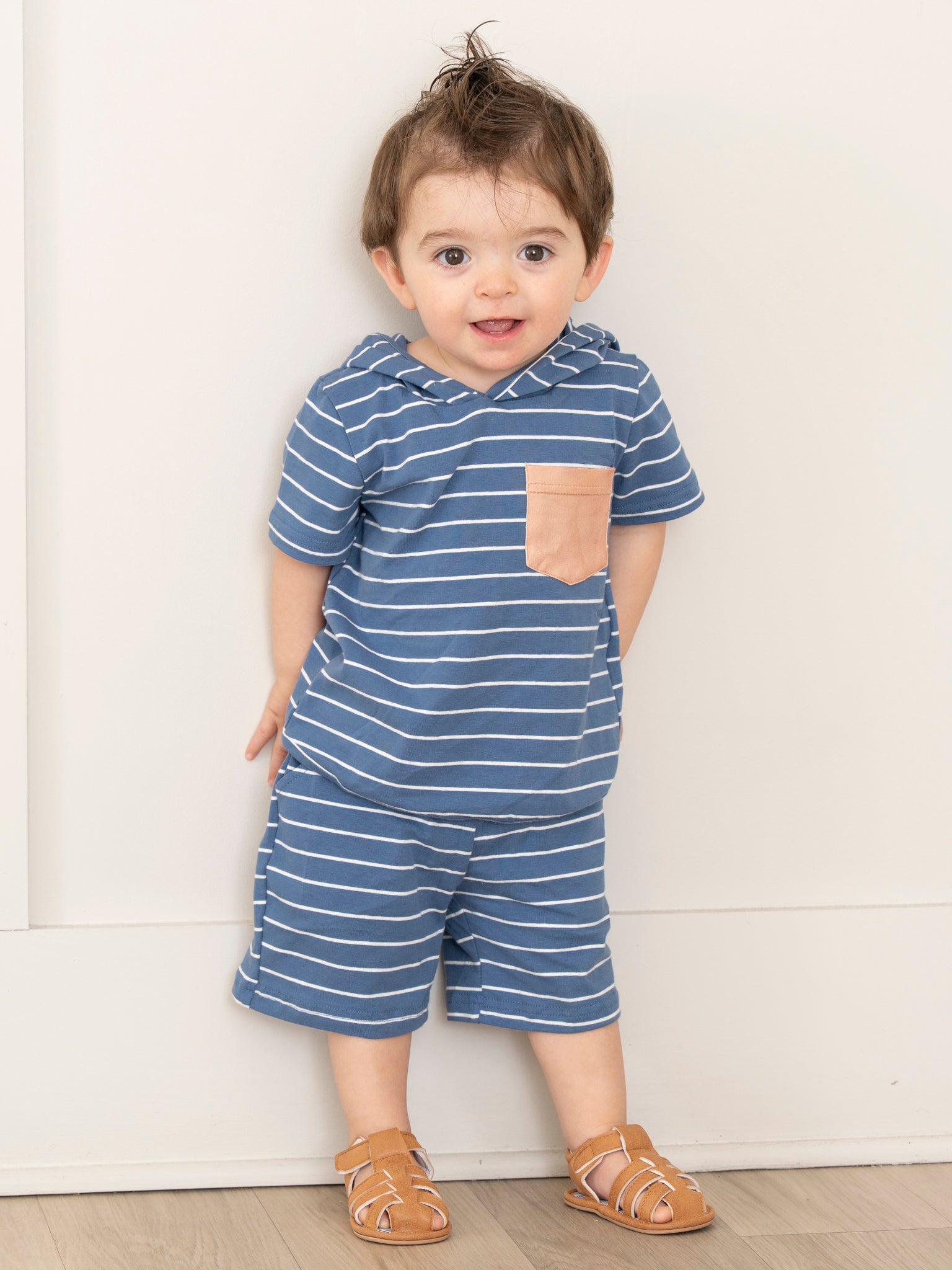 Striped Pocket Hoodie Outfit - Blue - Marie Nicole Clothing