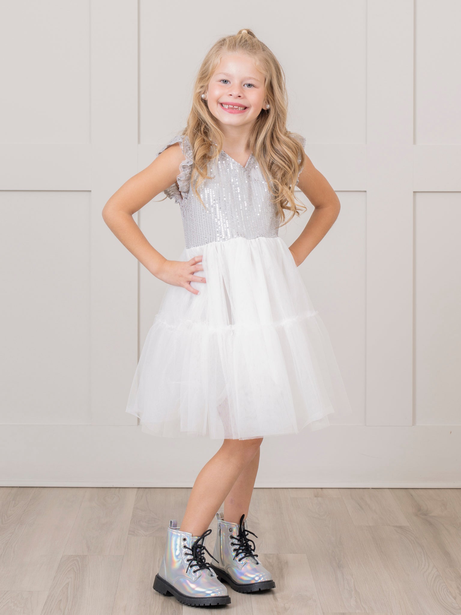 Silver Sequin Tiered Tulle Dress - Marie Nicole Clothing
