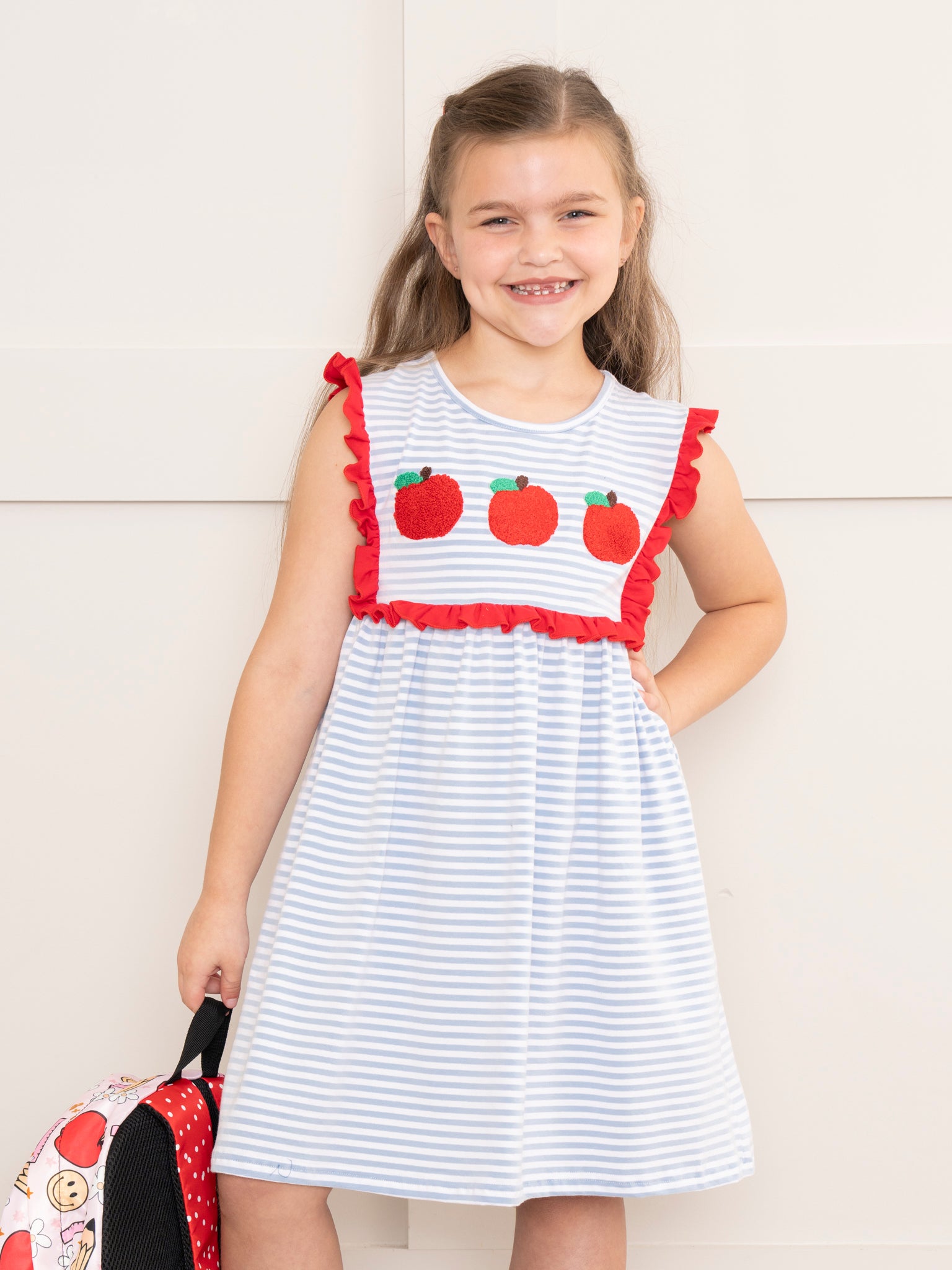 Red Apples & Blue Stripes Ruffle Dress - Marie Nicole Clothing