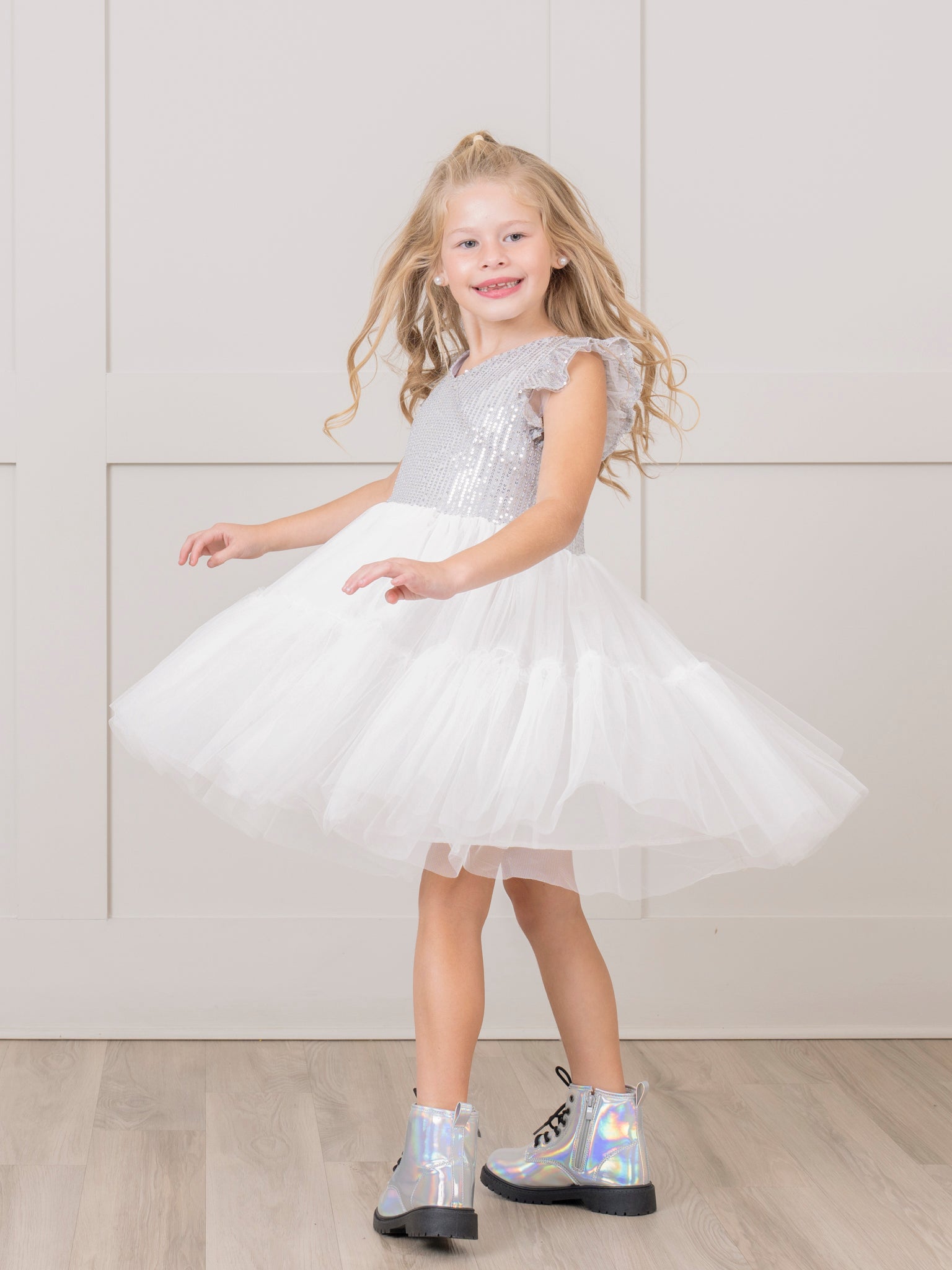 Silver Sequin Tiered Tulle Dress - Marie Nicole Clothing