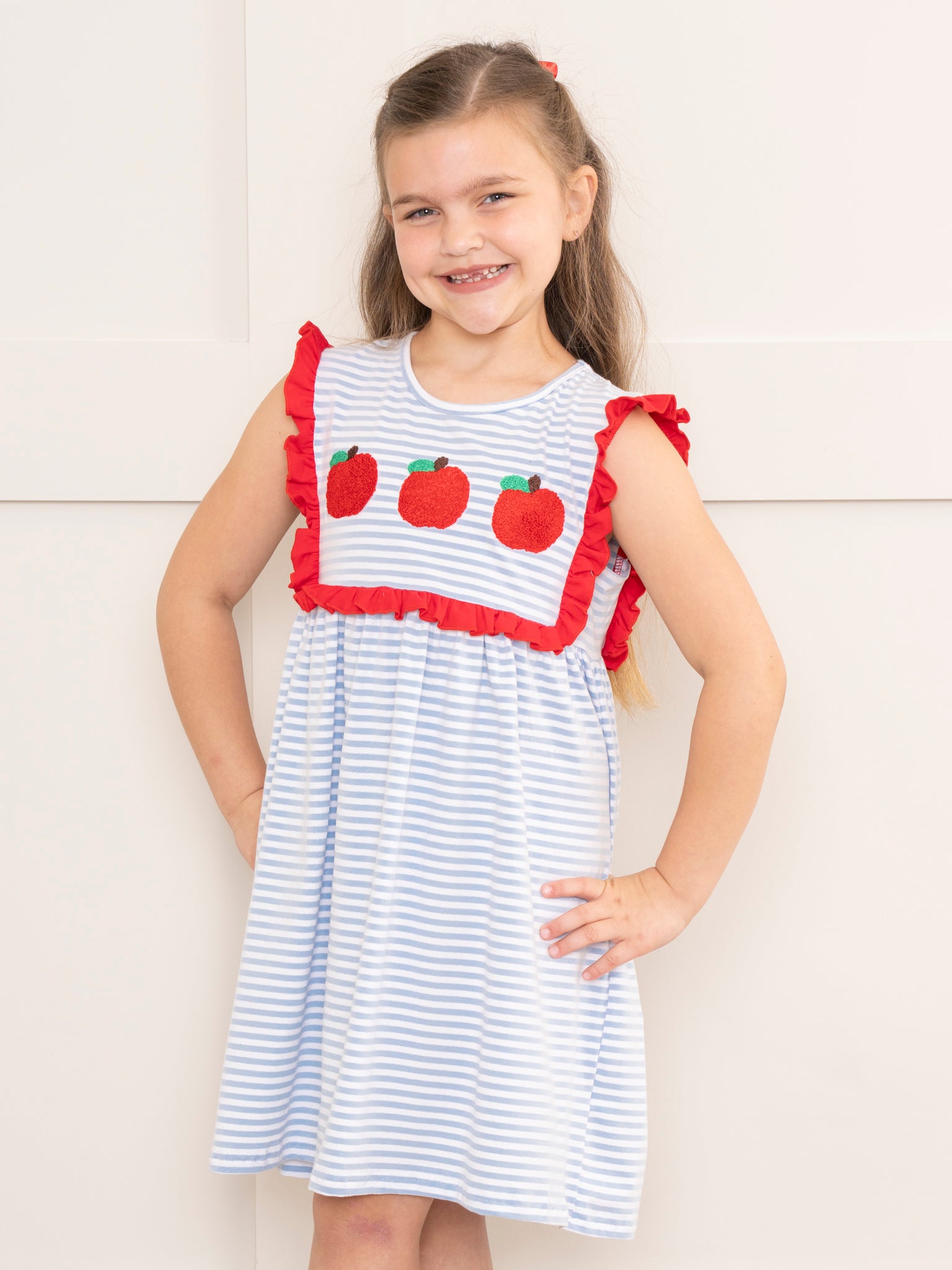 Red Apples & Blue Stripes Ruffle Dress - Marie Nicole Clothing