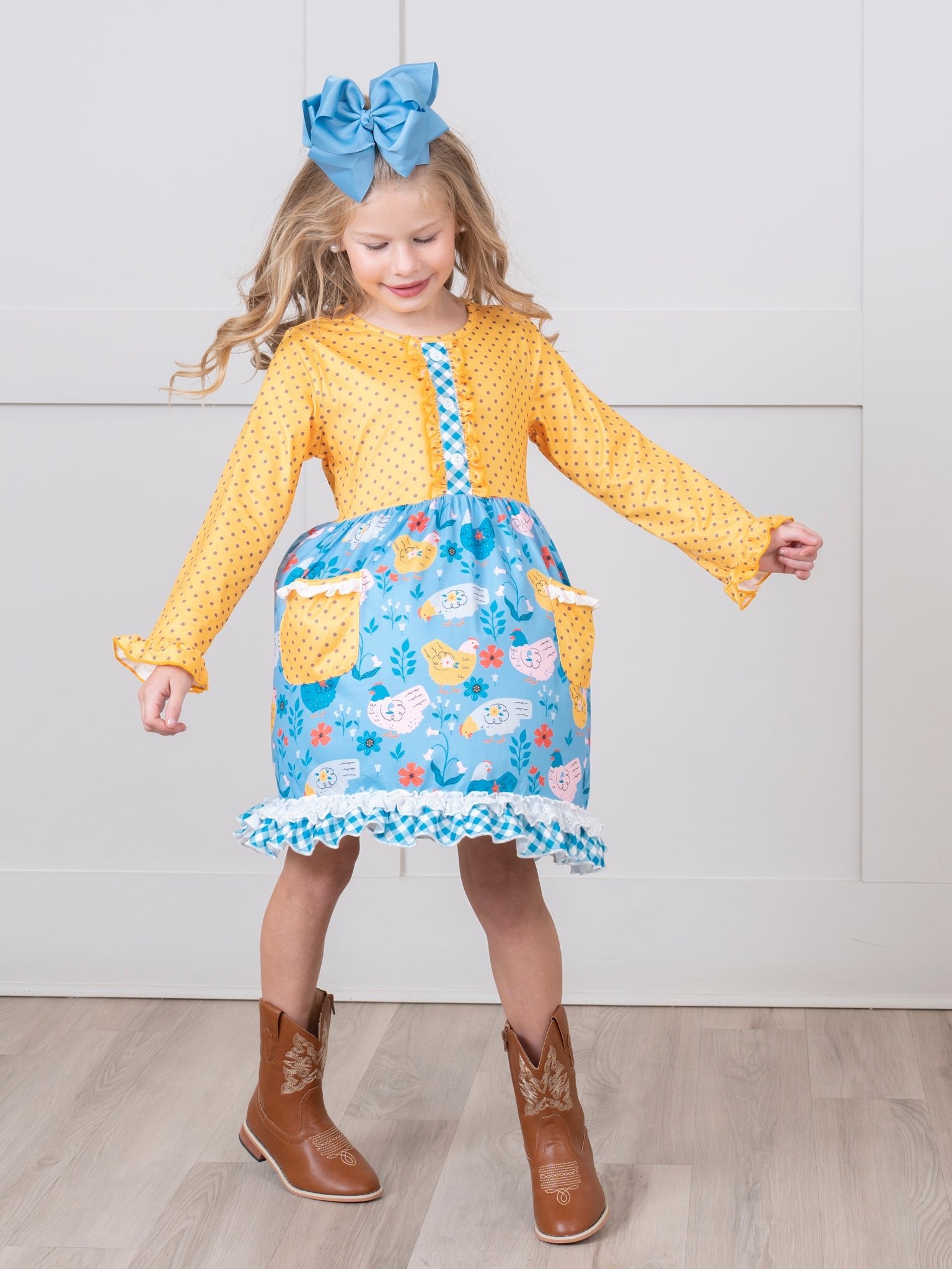 Yellow Dot Chicken Ruffle Dress - Marie Nicole Clothing
