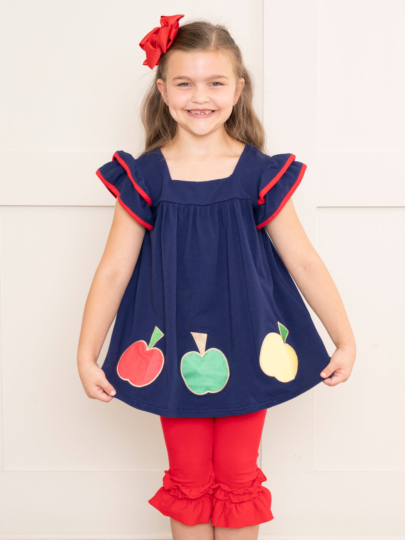 Navy & Red Apple Ruffle Outfit - Marie Nicole Clothing