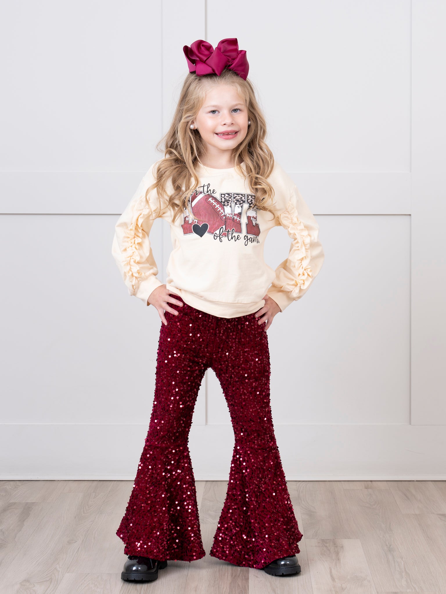 Cream & Maroon Sequin Football Love Bell Bottom Outfit - Marie Nicole Clothing