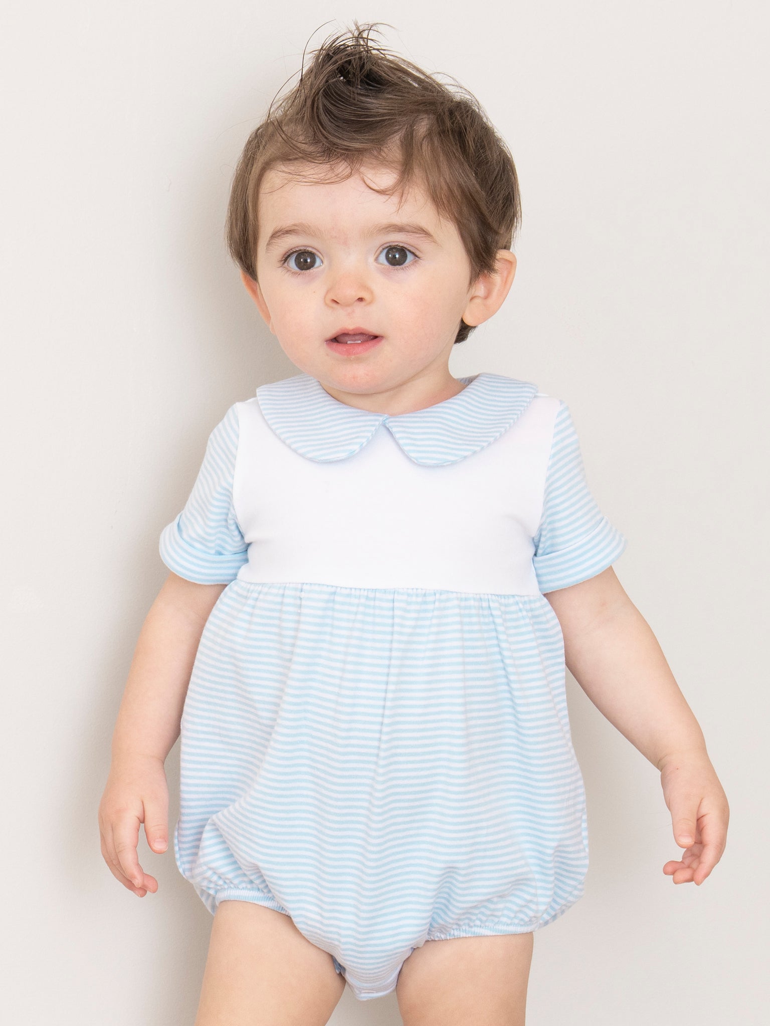 Classic Baby Blue Striped Bubble Romper - Marie Nicole Clothing
