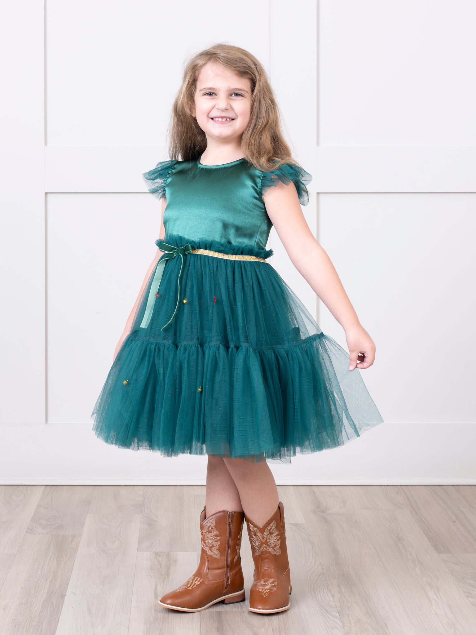 Emerald Flutter Sleeve Tulle Dress - Marie Nicole Clothing