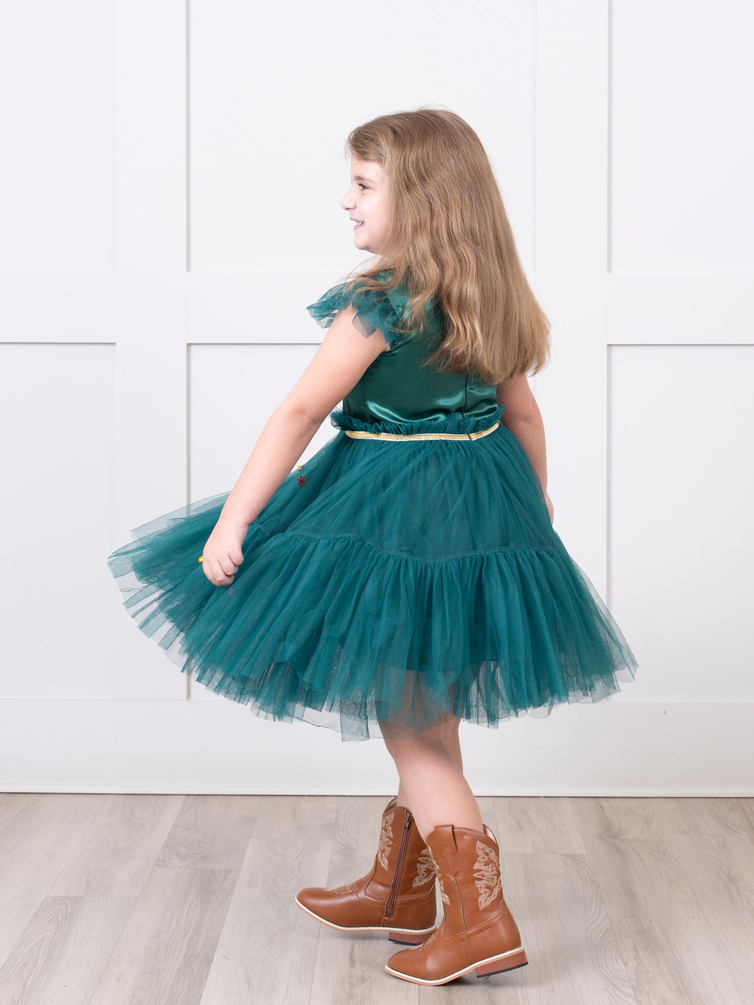 Emerald Flutter Sleeve Tulle Dress - Marie Nicole Clothing