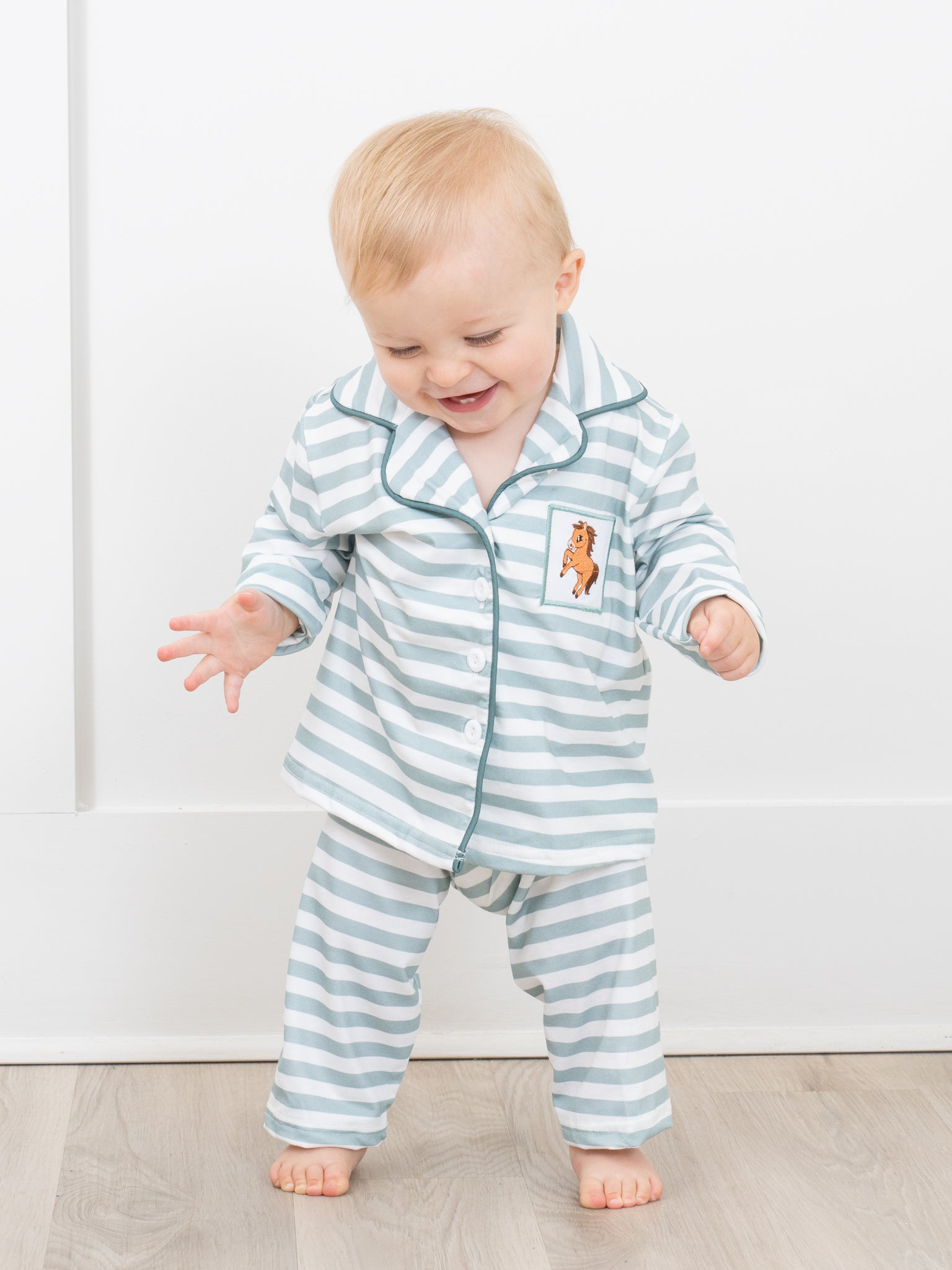 Green & White Stripe Embroidered Horse Pajamas - Boys & Girls - Marie Nicole Clothing