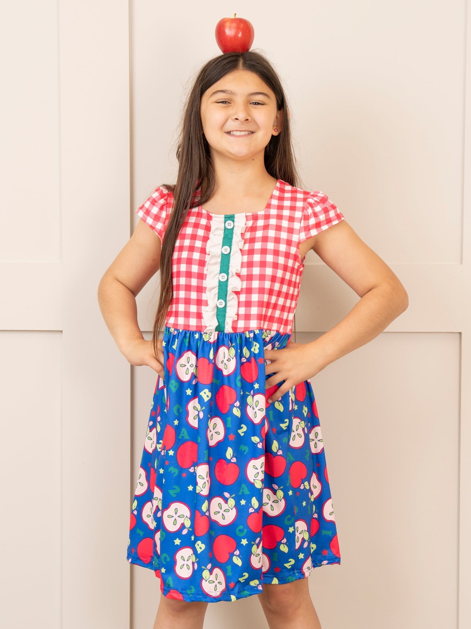 Red Gingham & Blue Apple Ruffle Dress - Marie Nicole Clothing