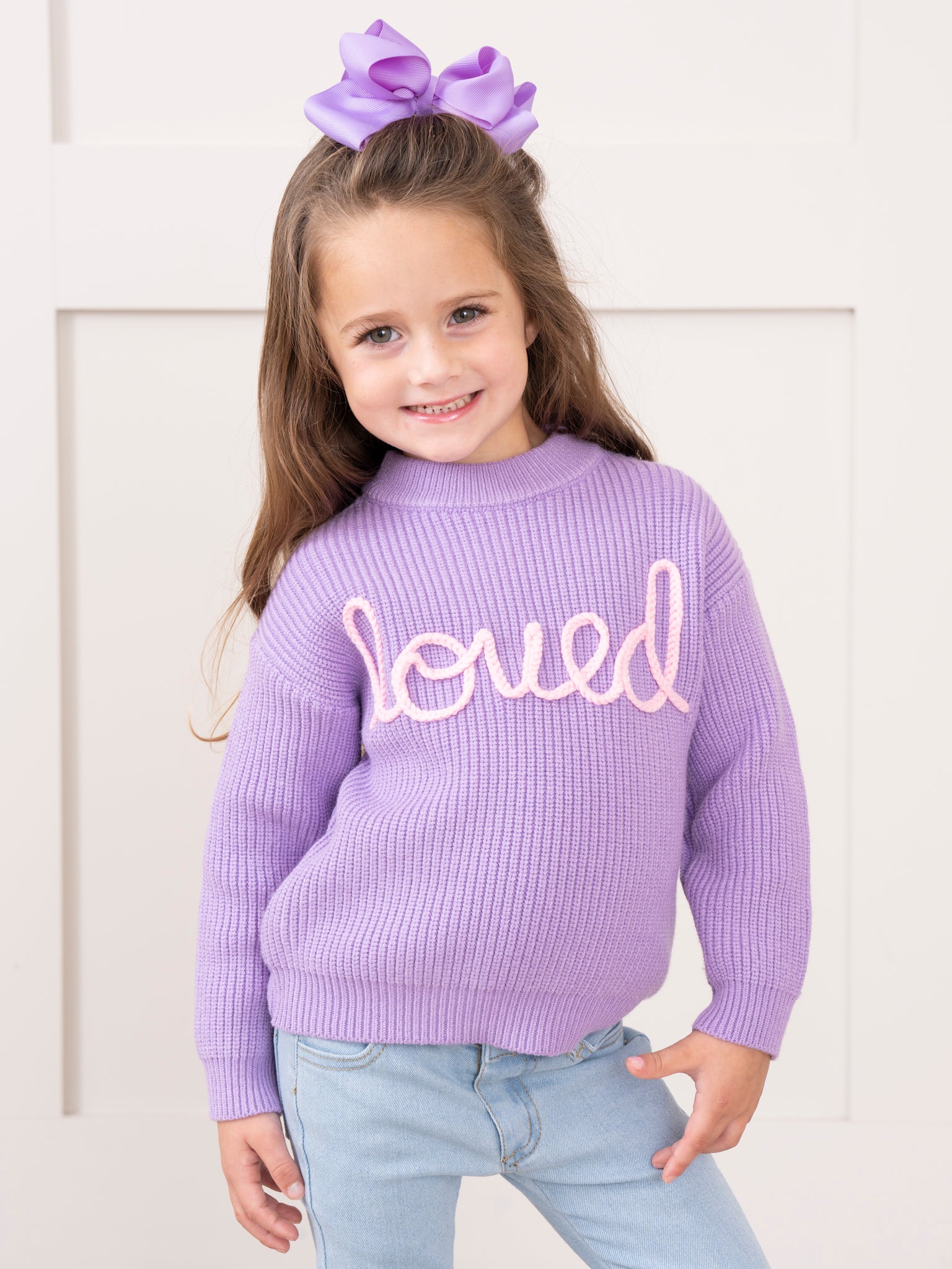 Lilac Embroidered "Loved" Sweater - Marie Nicole Clothing