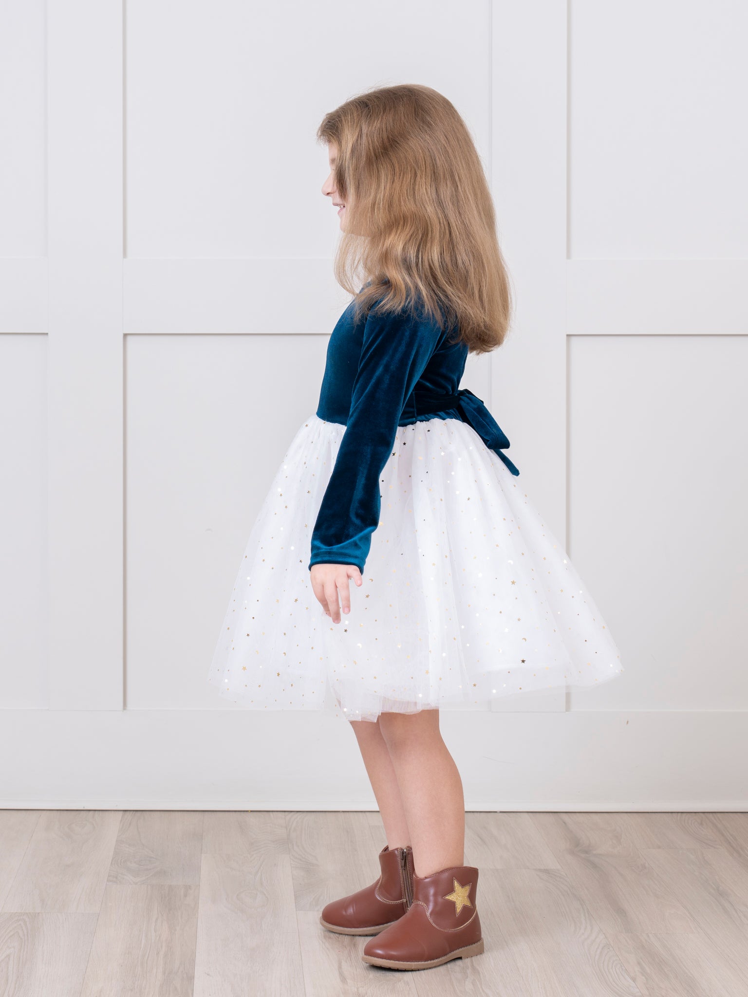 Blue & White Velvet Tulle Party Dress - Marie Nicole Clothing