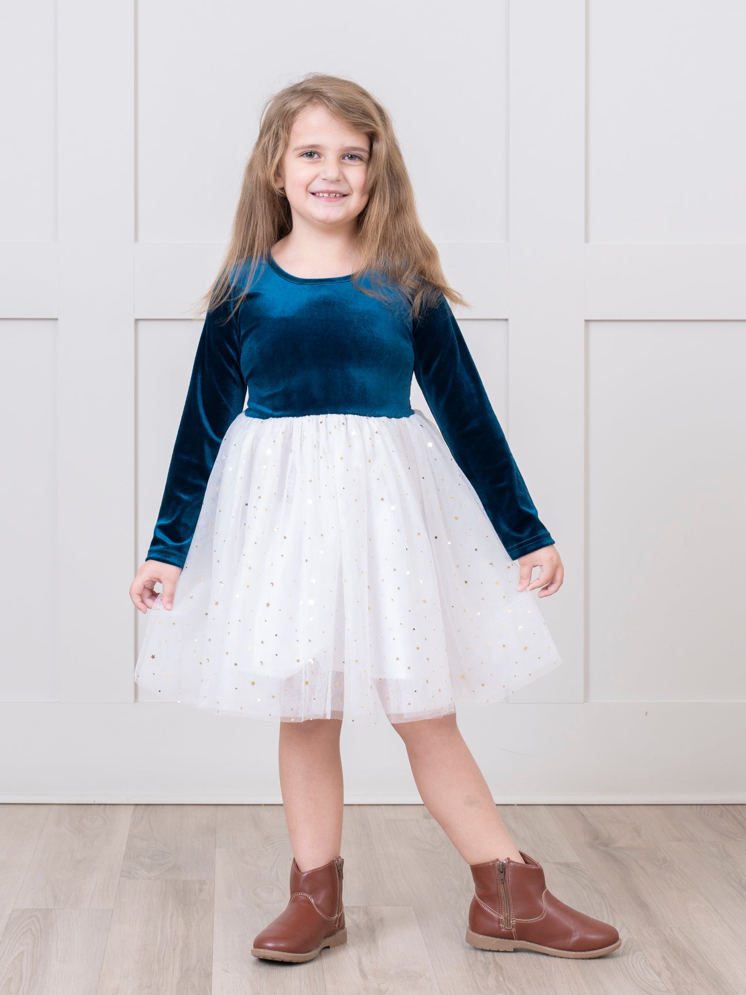 Blue & White Velvet Tulle Party Dress - Marie Nicole Clothing