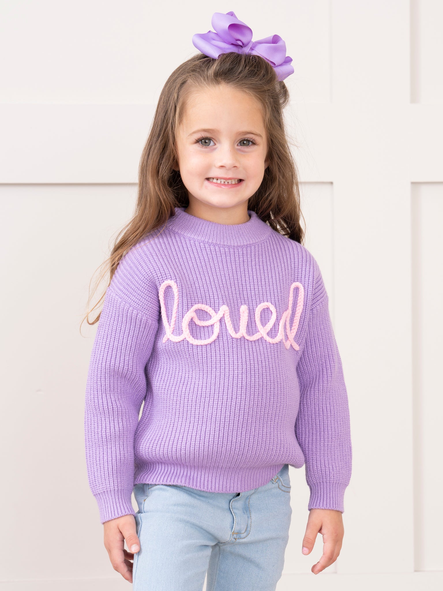 Lilac Embroidered "Loved" Sweater - Marie Nicole Clothing