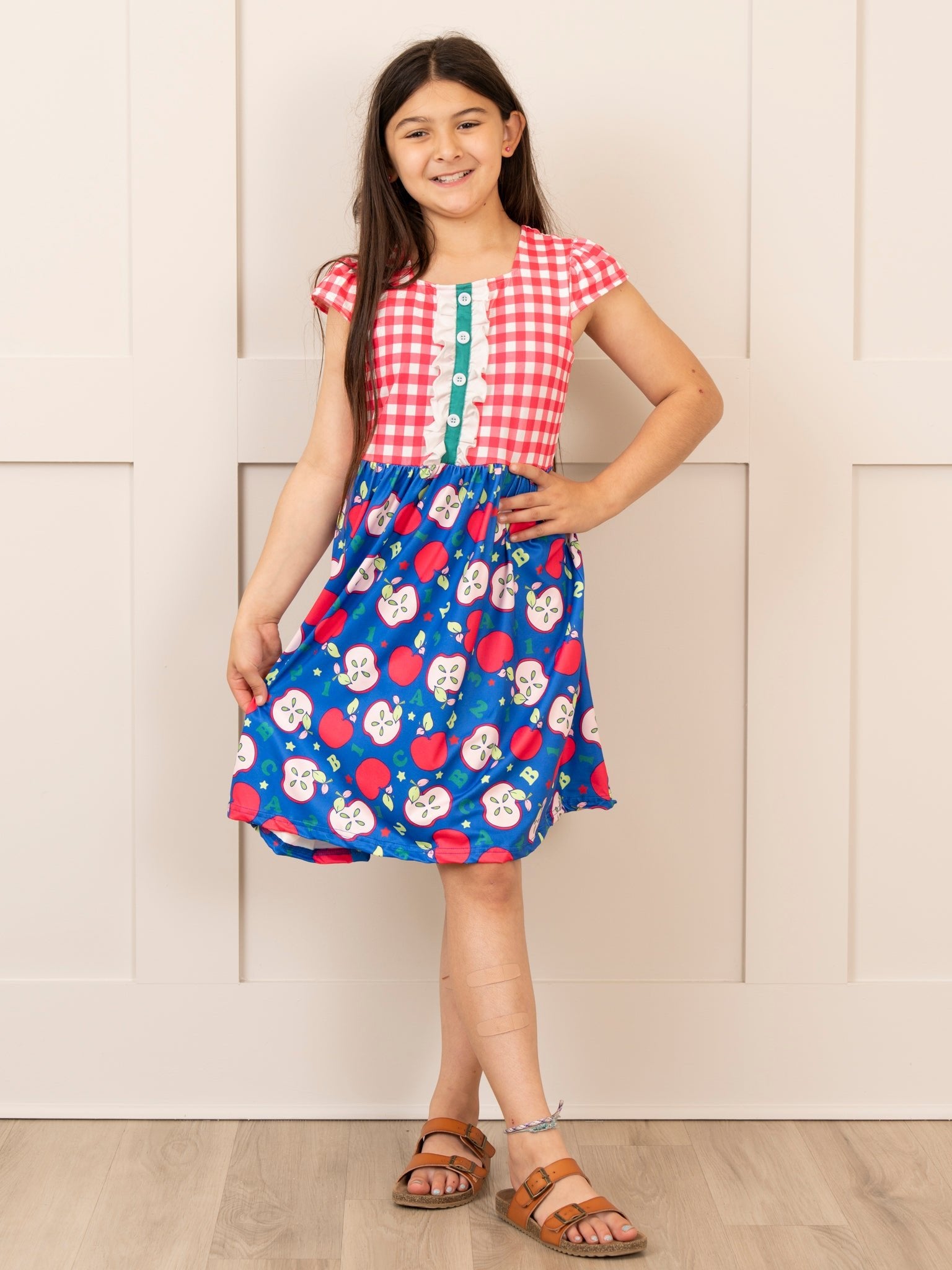 Red Gingham & Blue Apple Ruffle Dress - Marie Nicole Clothing