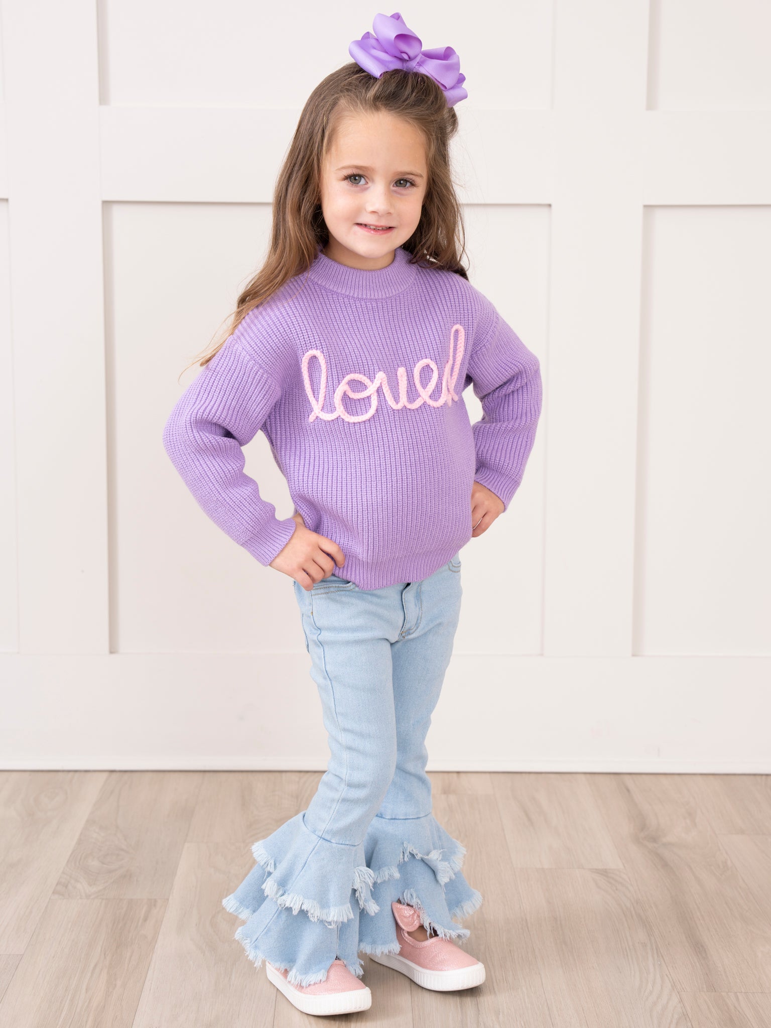 Lilac Embroidered "Loved" Sweater - Marie Nicole Clothing