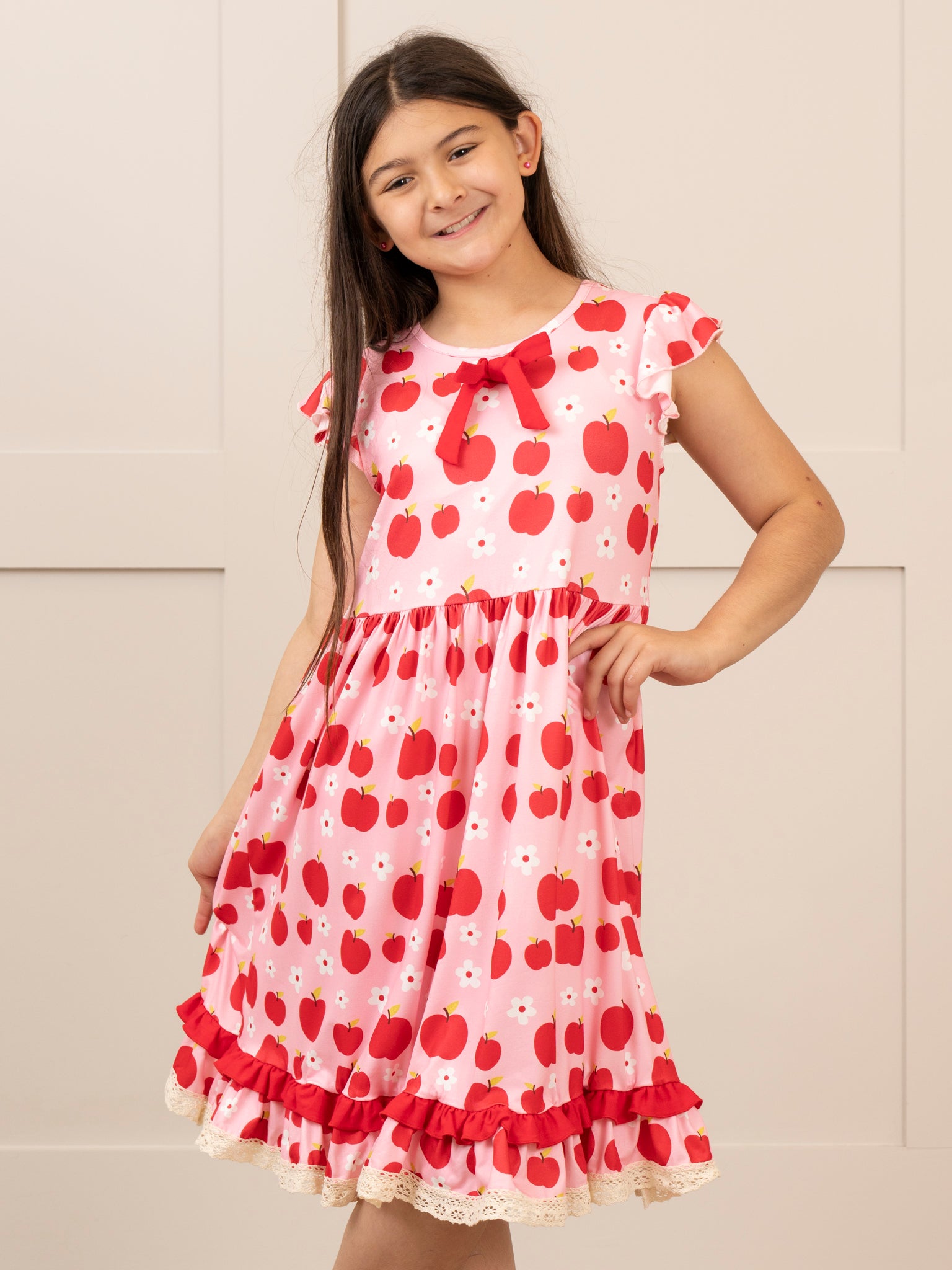 Pink & Red Apples Ruffle Dress - Marie Nicole Clothing