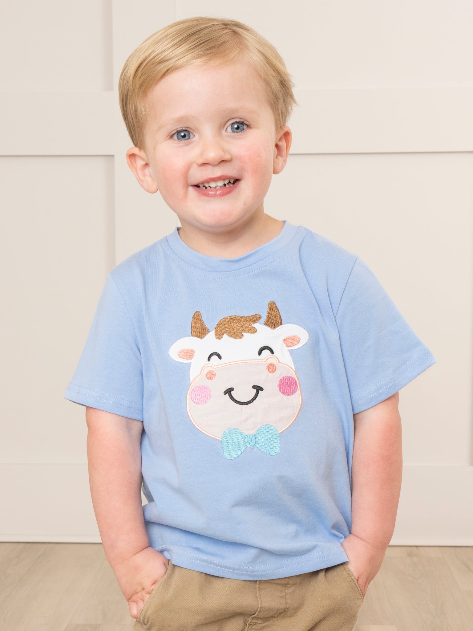 Light Blue Embroidered Sweet Cow Shirt - Marie Nicole Clothing