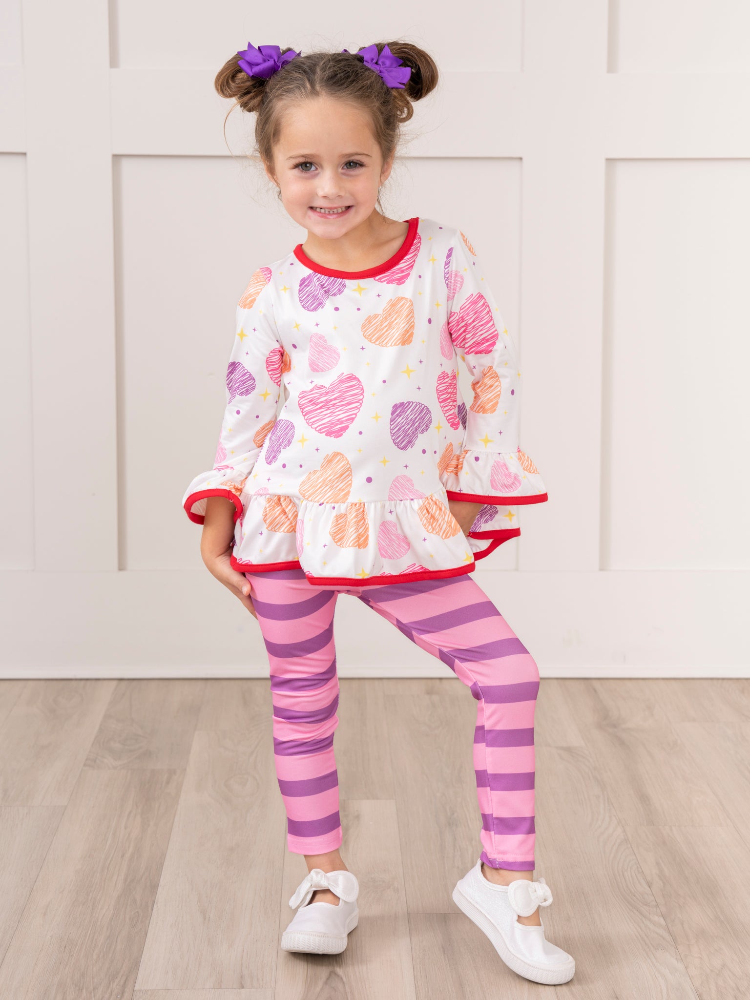 Red Trim Candy Hearts Ruffle Outfit - Marie Nicole Clothing
