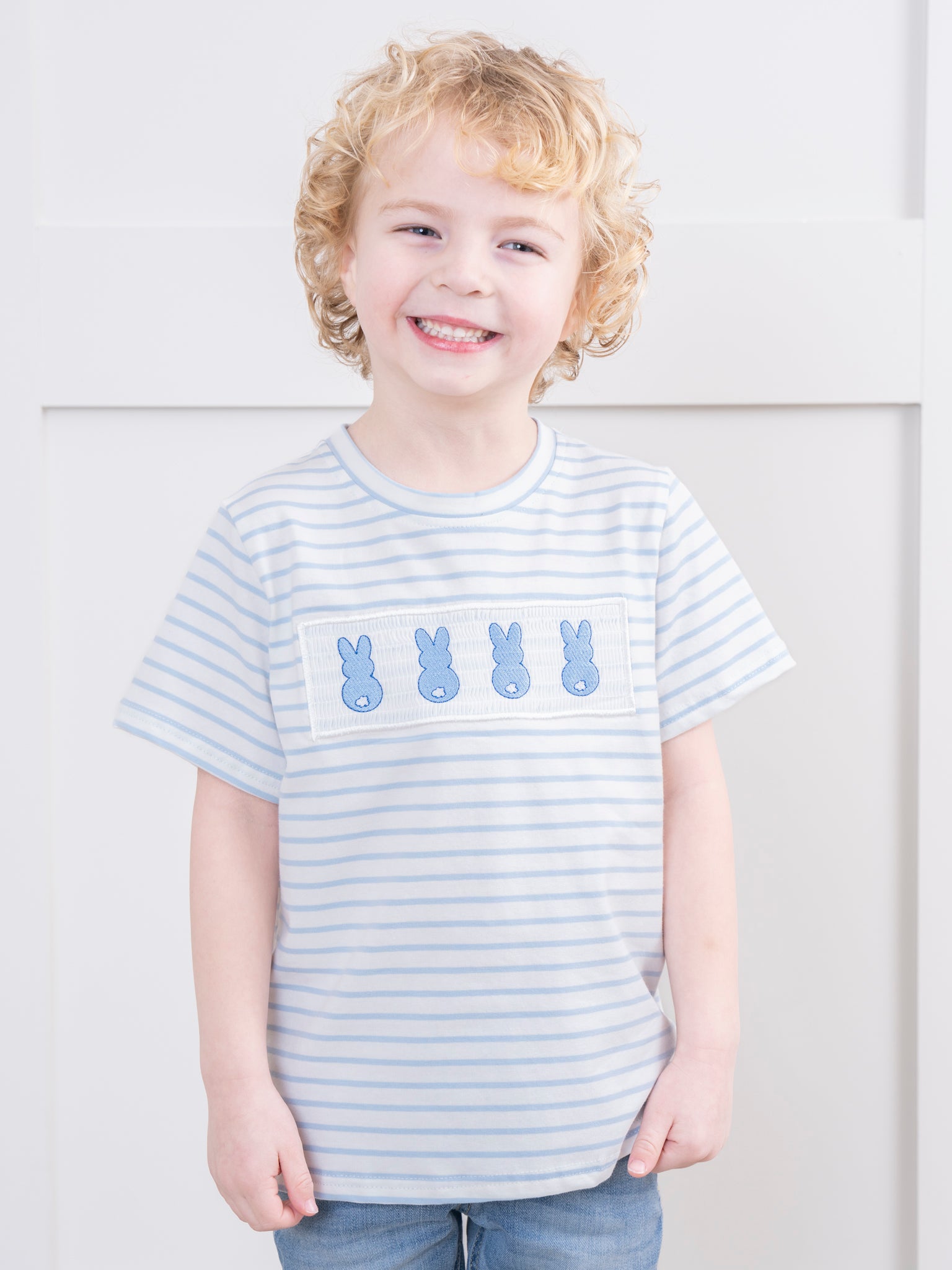 Blue Striped Smocked Bunnies Shirt - Marie Nicole Clothing