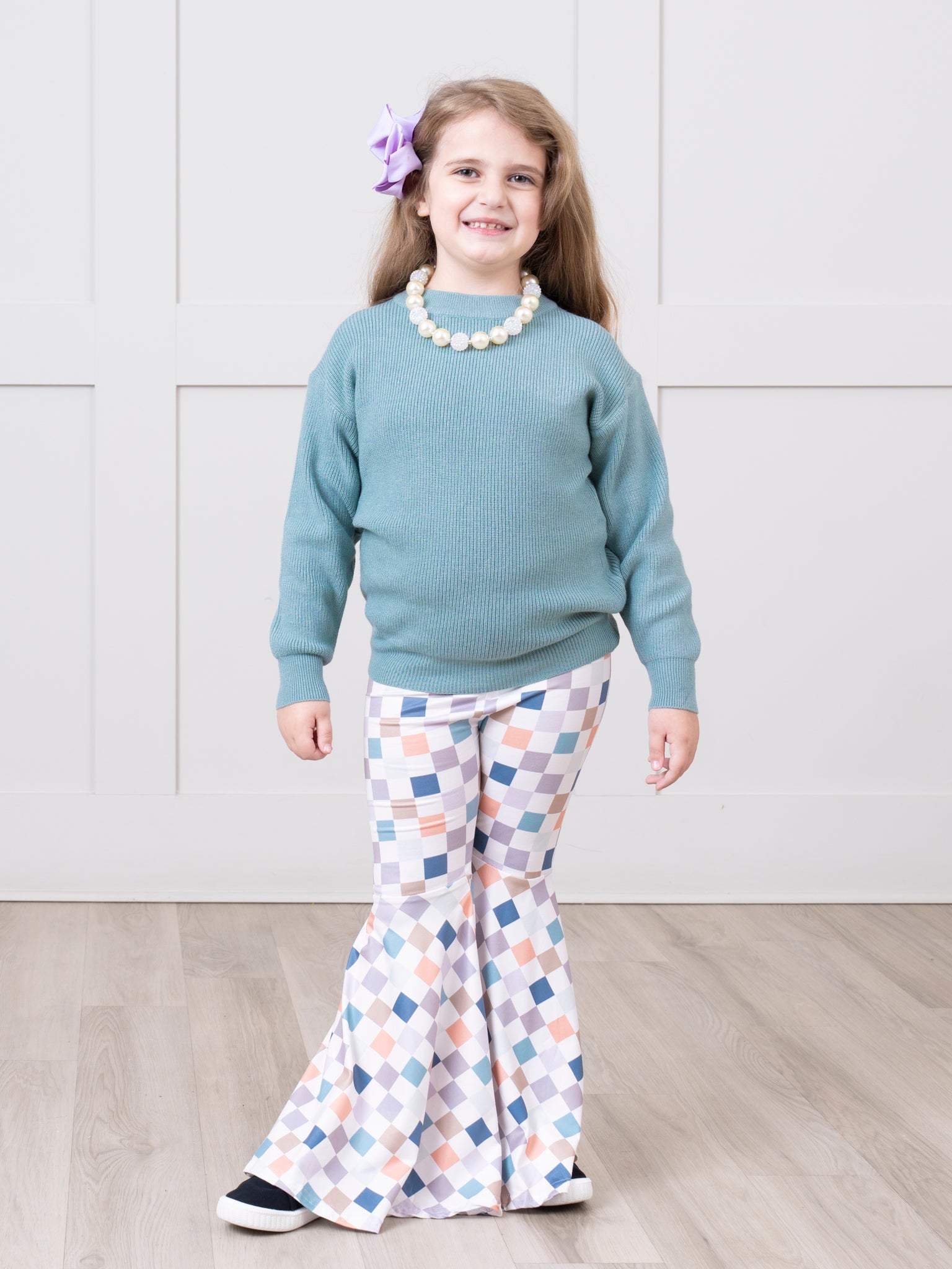 Dusty Teal & Orange Cream Checkers Bell Bottom Outfit - Marie Nicole Clothing