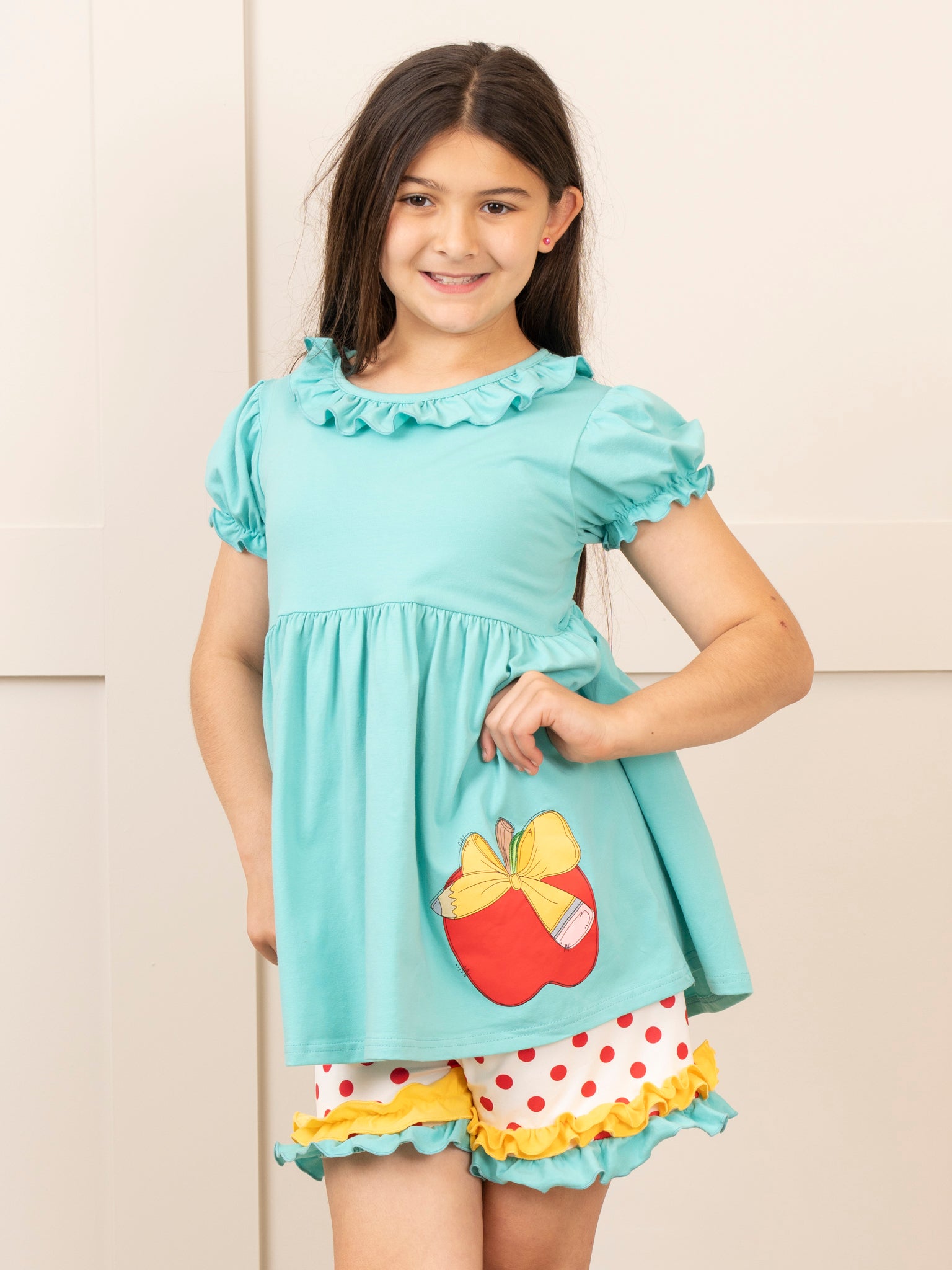 Turquoise Apple A Day Ruffle Outfit - Marie Nicole Clothing