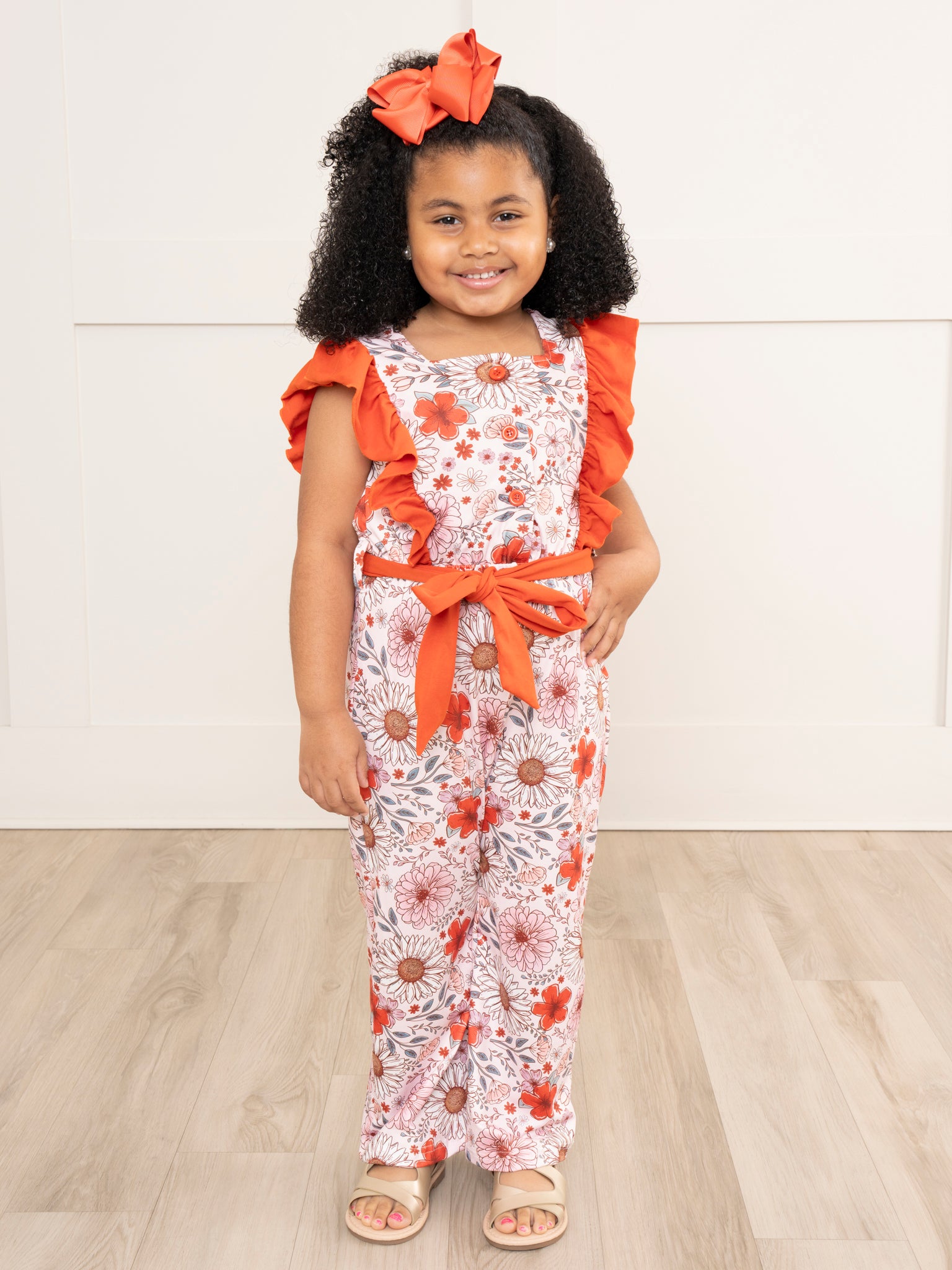 Burnt Orange Blossoms Ruffle Jumpsuit - Marie Nicole Clothing