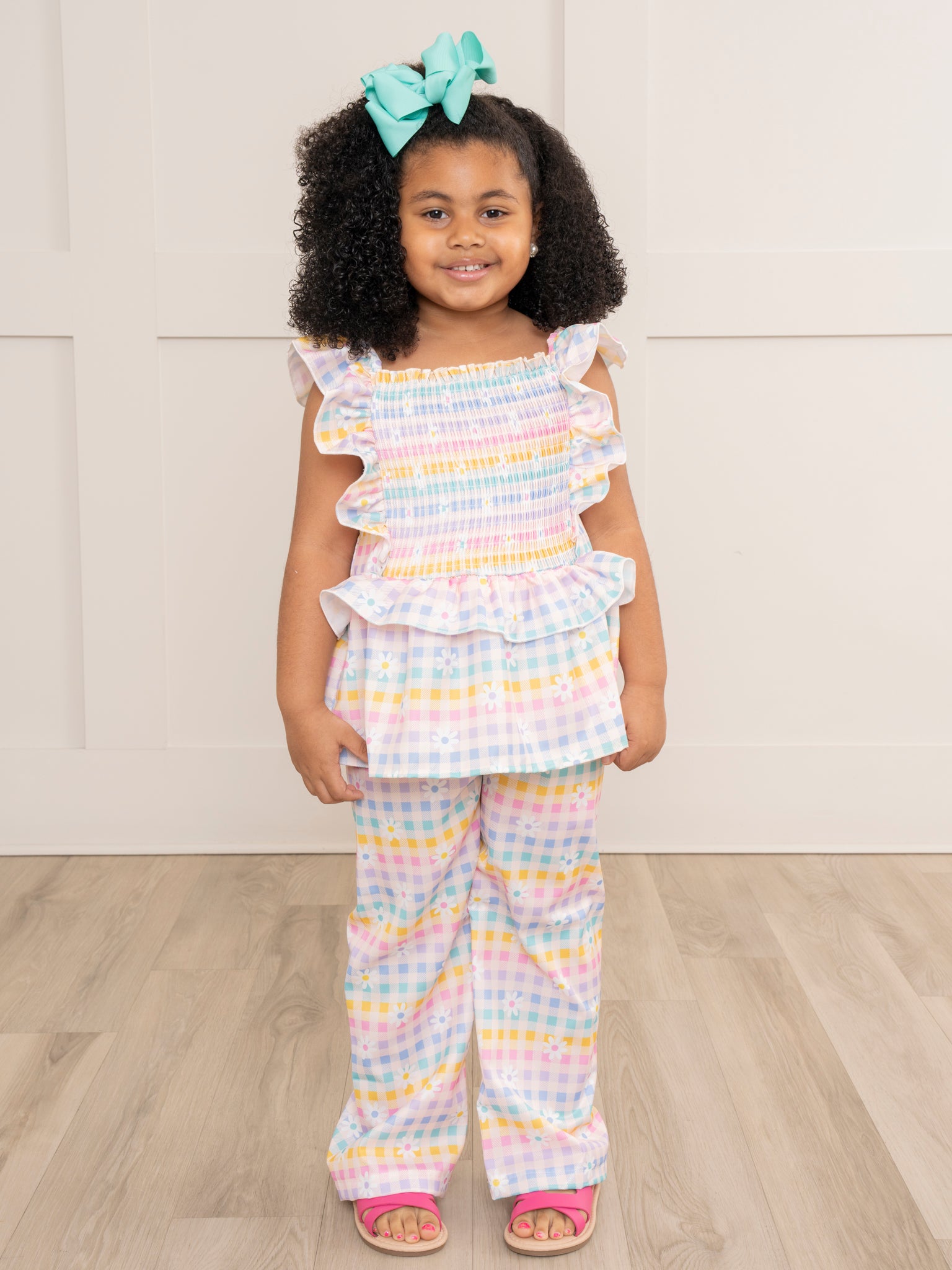 Smocked Rainbow Stripes & Blooms Ruffle Outfit - Marie Nicole Clothing