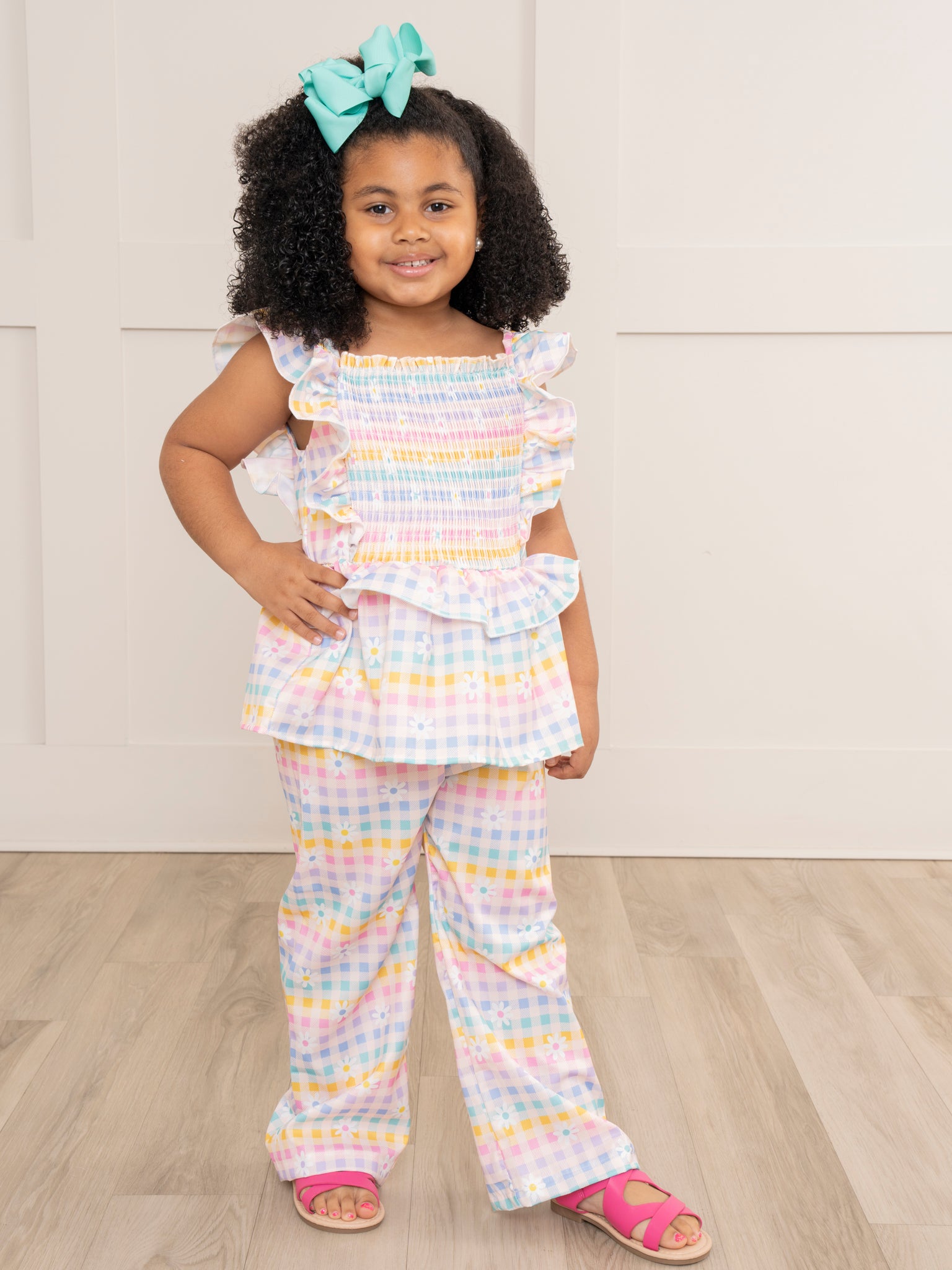 Smocked Rainbow Stripes & Blooms Ruffle Outfit - Marie Nicole Clothing
