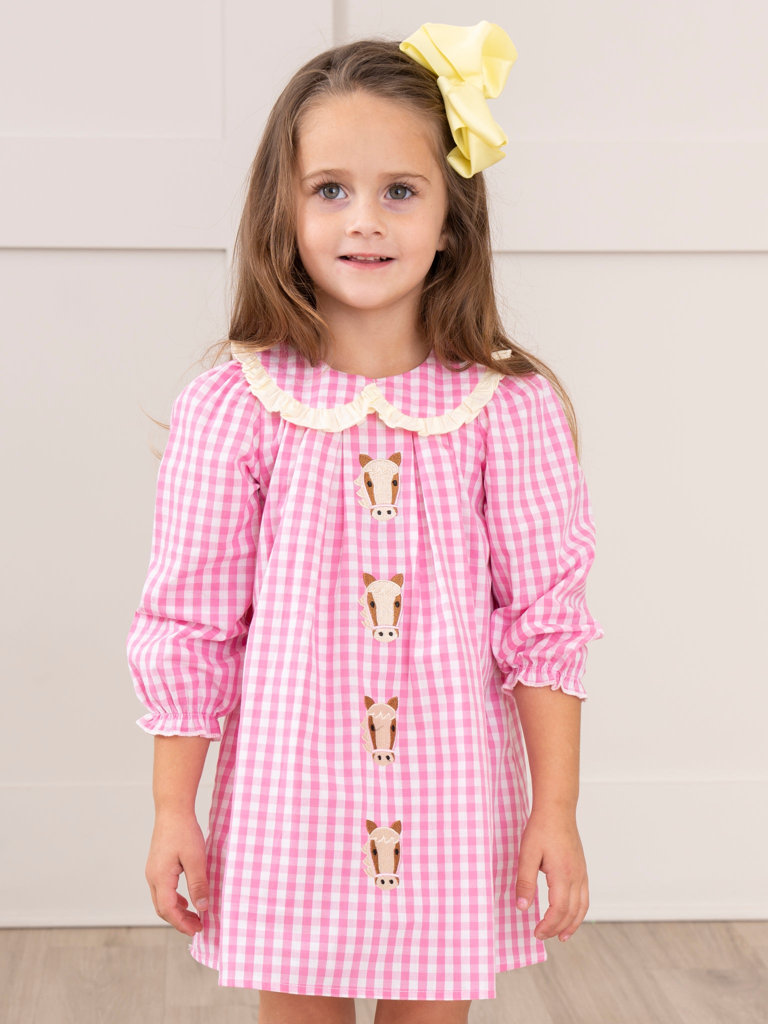 Pink Gingham Embroidered Horses Dress - Marie Nicole Clothing