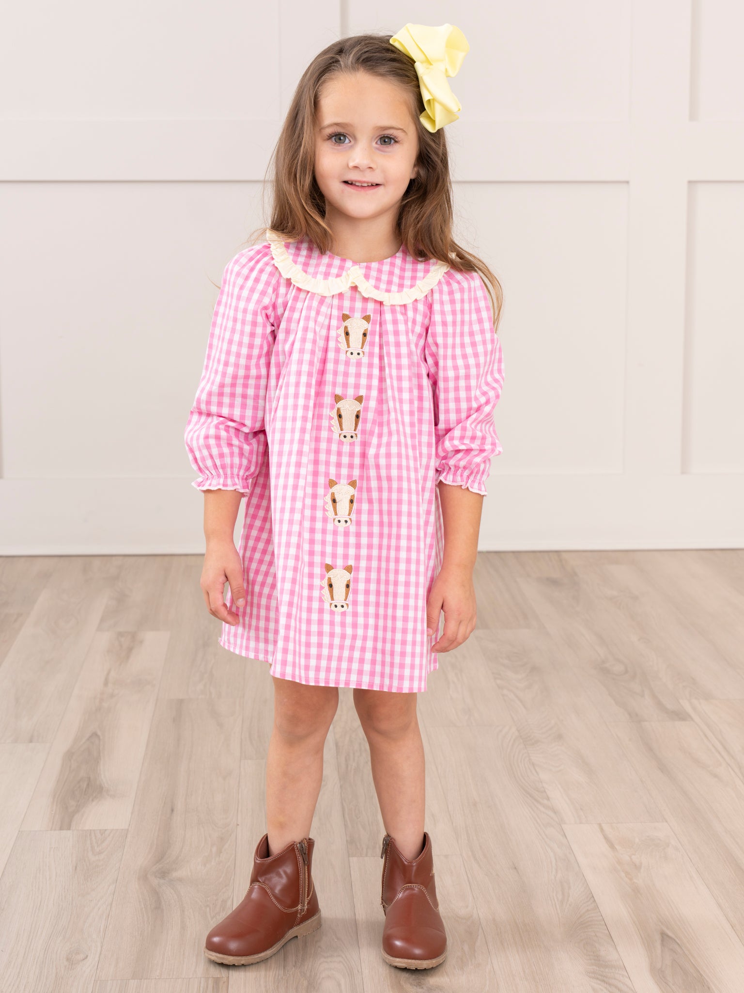 Pink Gingham Embroidered Horses Dress - Marie Nicole Clothing