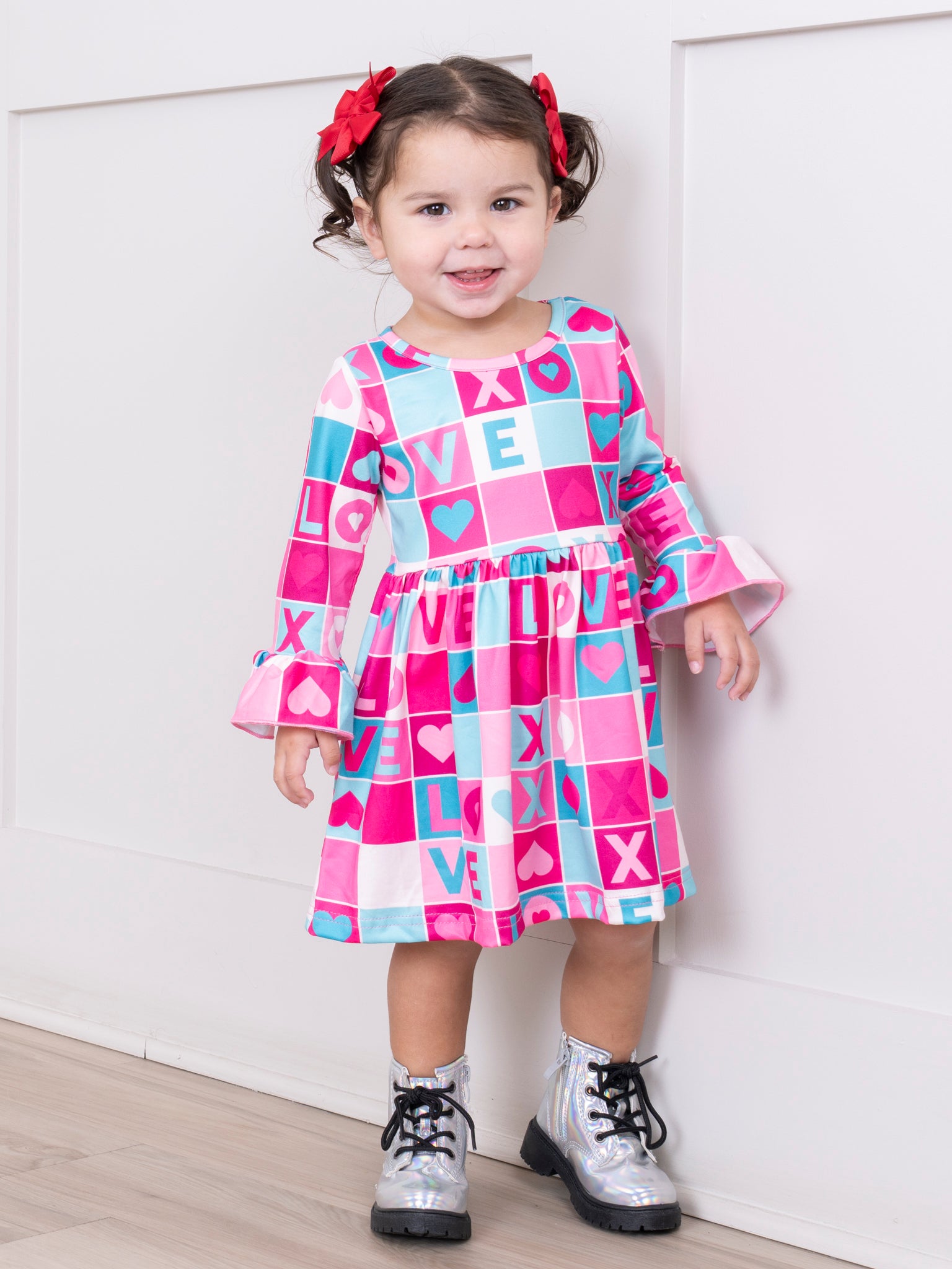 Pink XOXO Valentine Party Bell Sleeve Dress - Marie Nicole Clothing