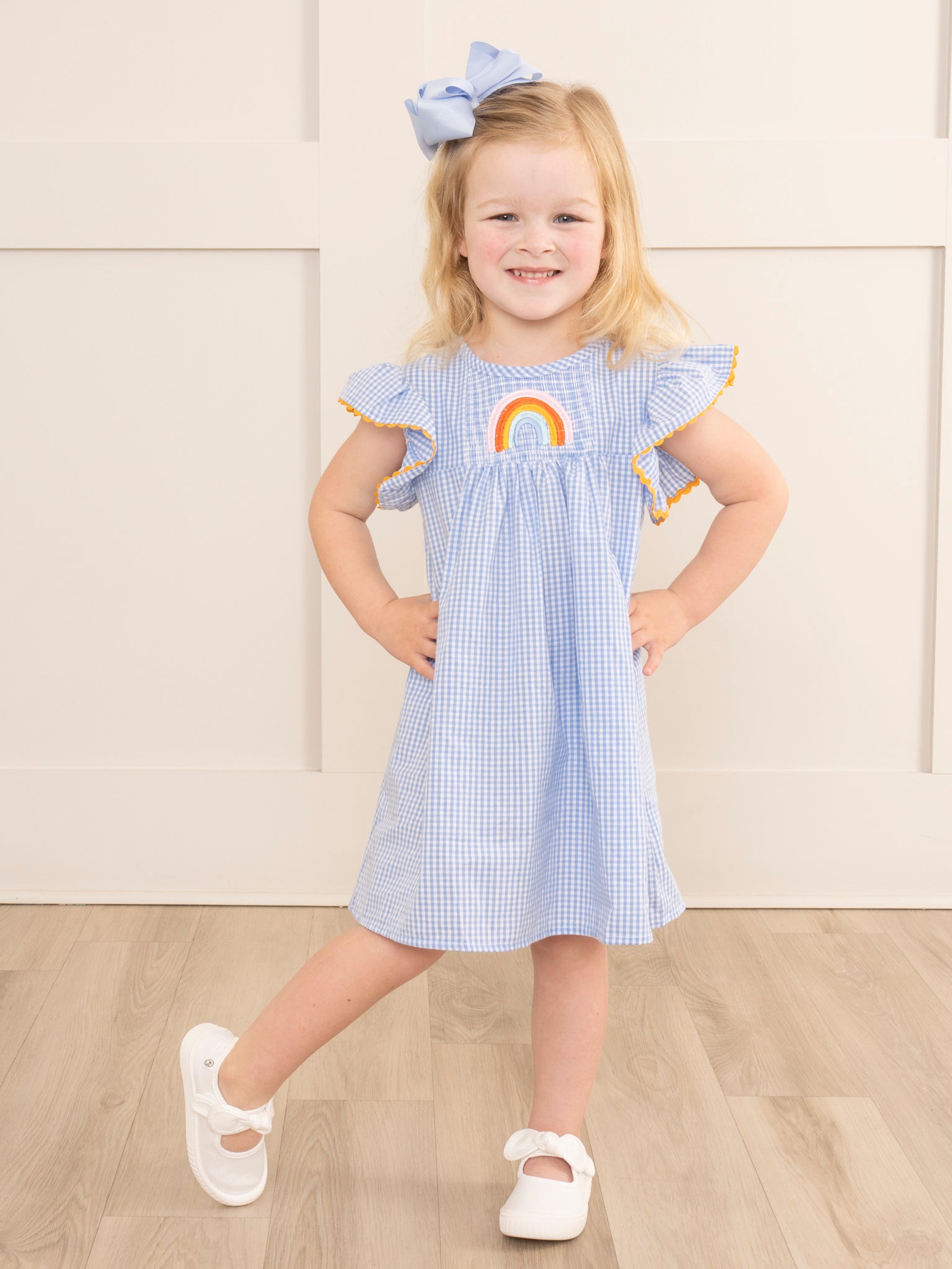 Blue Gingham Rainbow Ruffle Dress - Marie Nicole Clothing