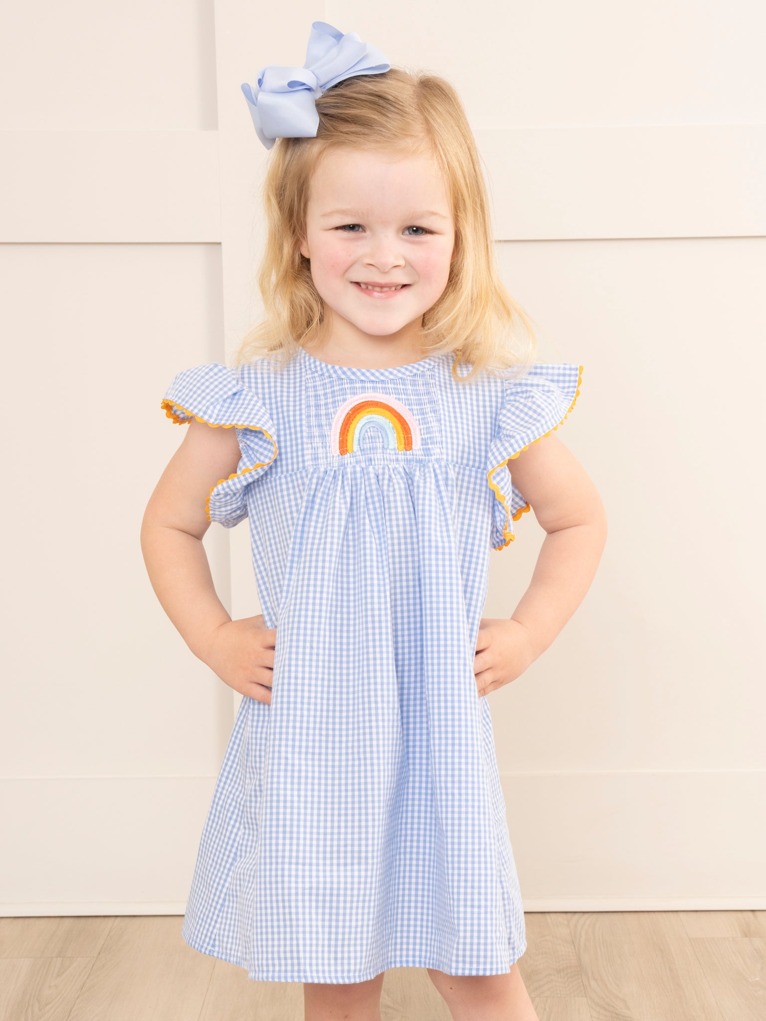Blue Gingham Rainbow Ruffle Dress - Marie Nicole Clothing