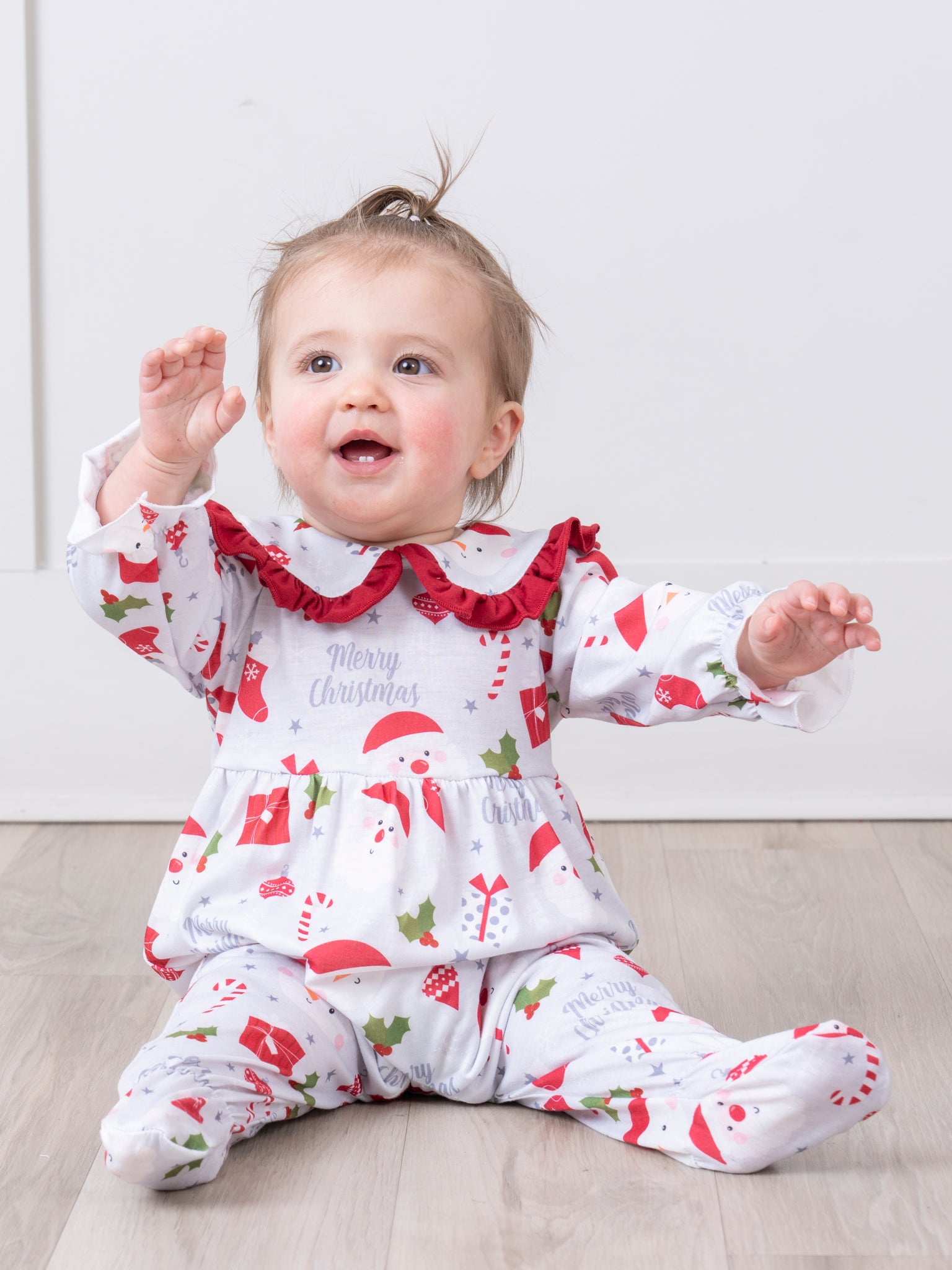 Grey & Red Holly Christmas Ruffle Footed Sleeper Pajamas - Marie Nicole Clothing