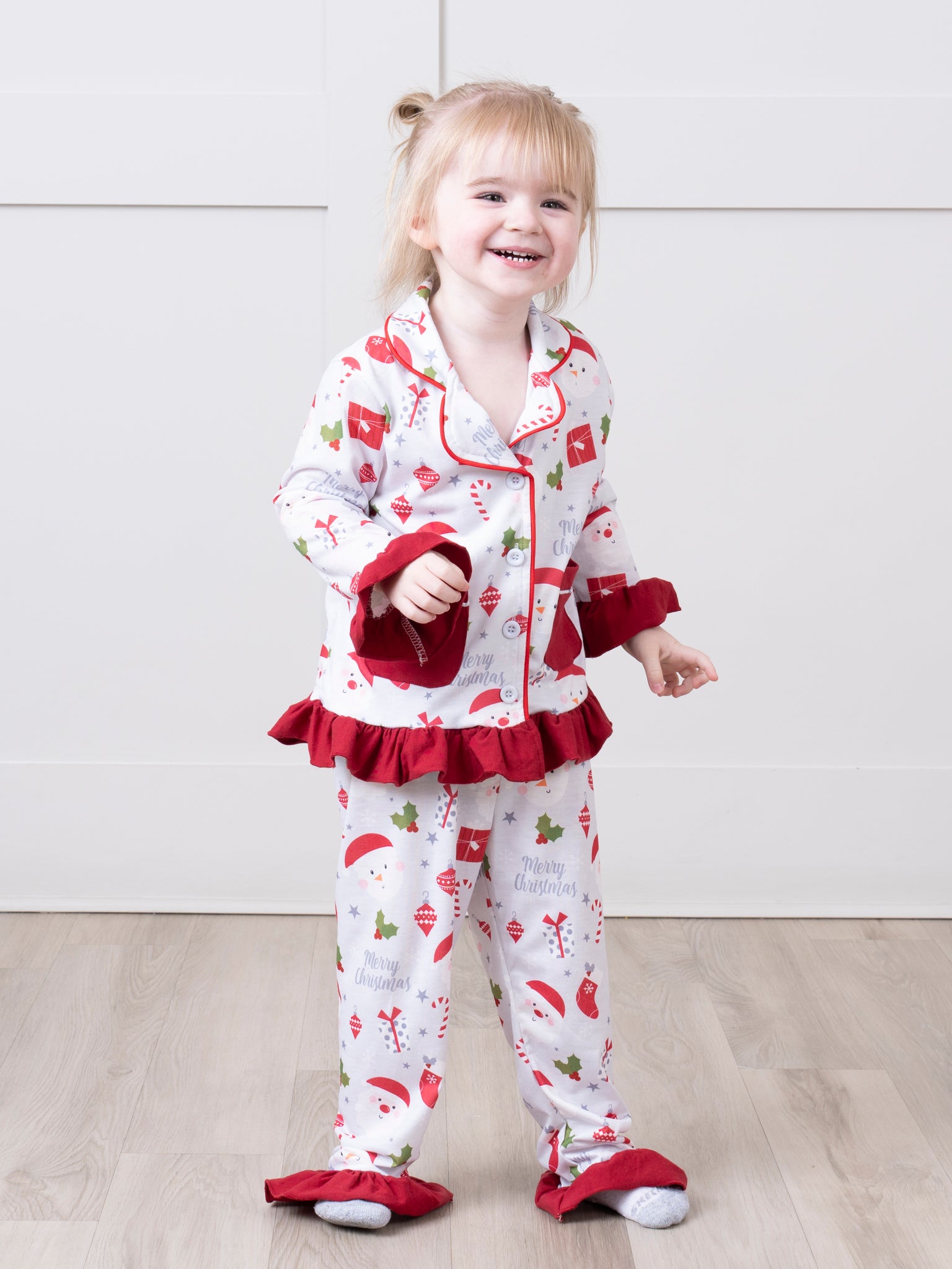 Grey & Red Holly Christmas Ruffle Pajamas - Marie Nicole Clothing