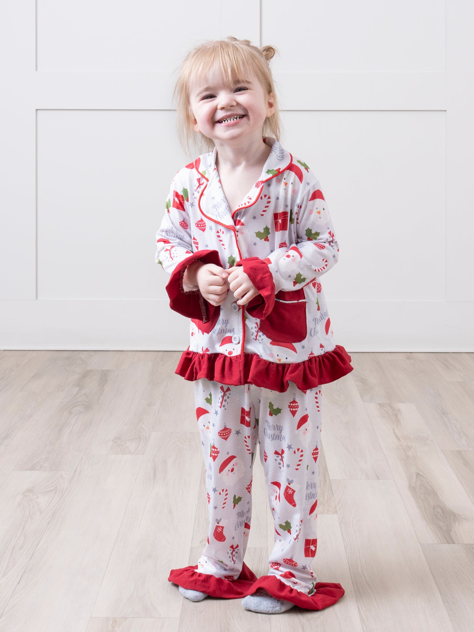 Grey & Red Holly Christmas Ruffle Pajamas - Marie Nicole Clothing