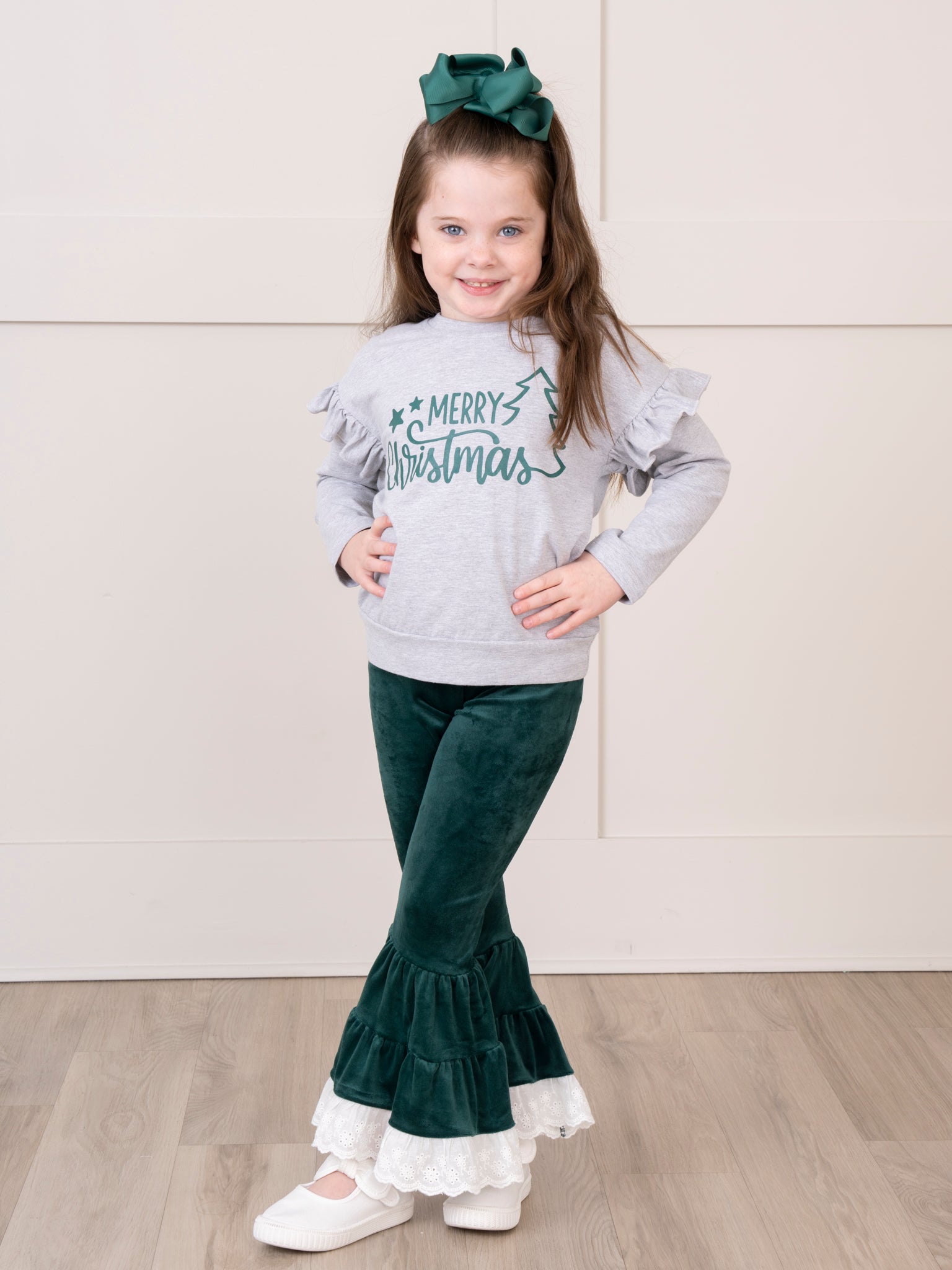 Emerald Merry Christmas Velvet Bell Bottom Outfit - Marie Nicole Clothing