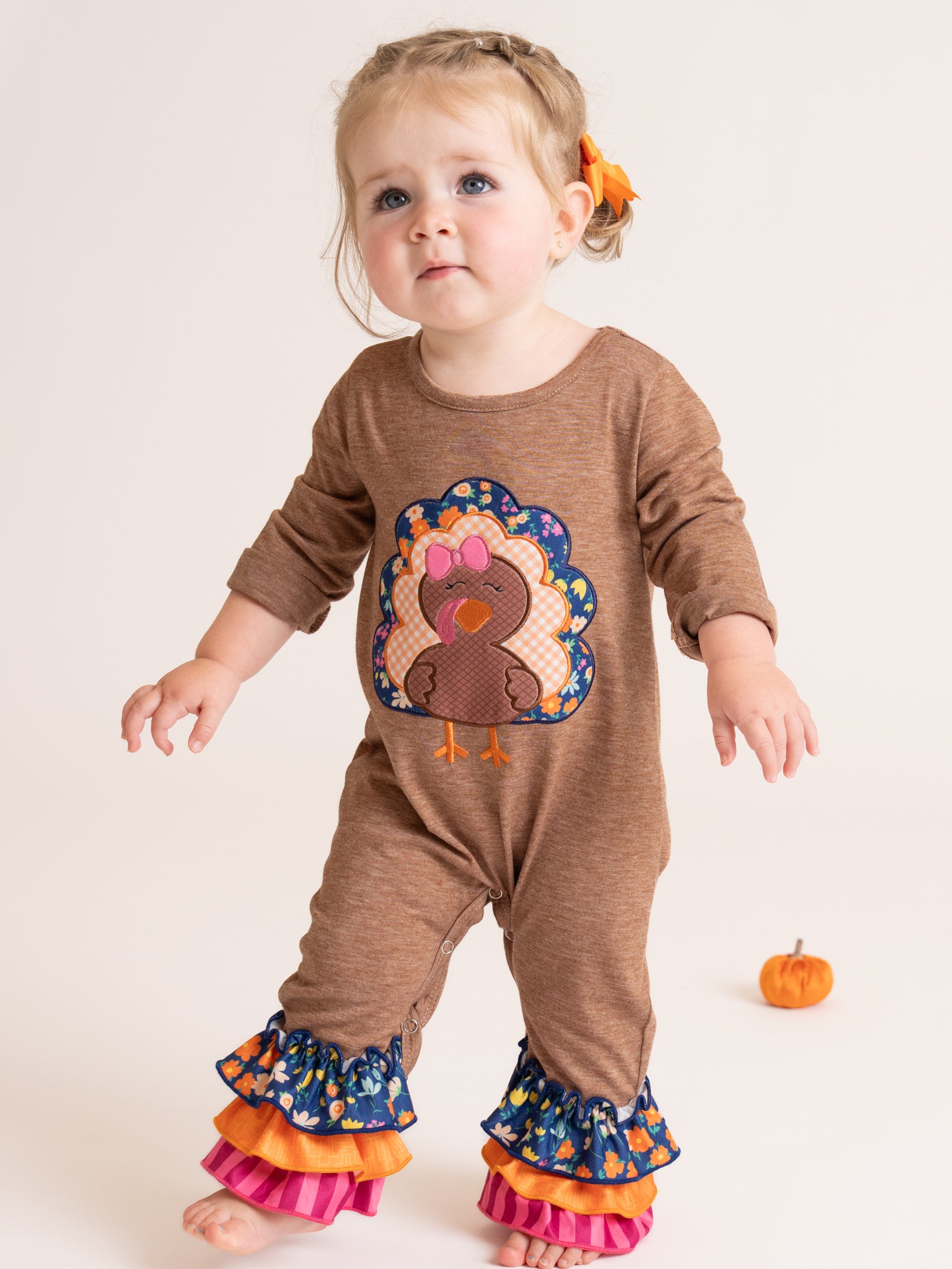 Tan & Pink Stripe Turkey Time Ruffle Romper - Marie Nicole Clothing