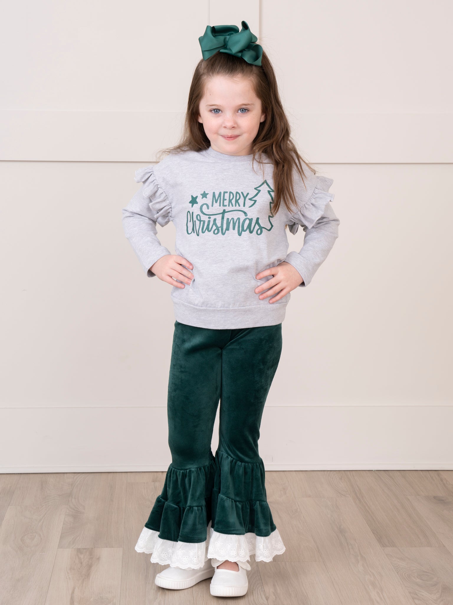 Emerald Merry Christmas Velvet Bell Bottom Outfit - Marie Nicole Clothing