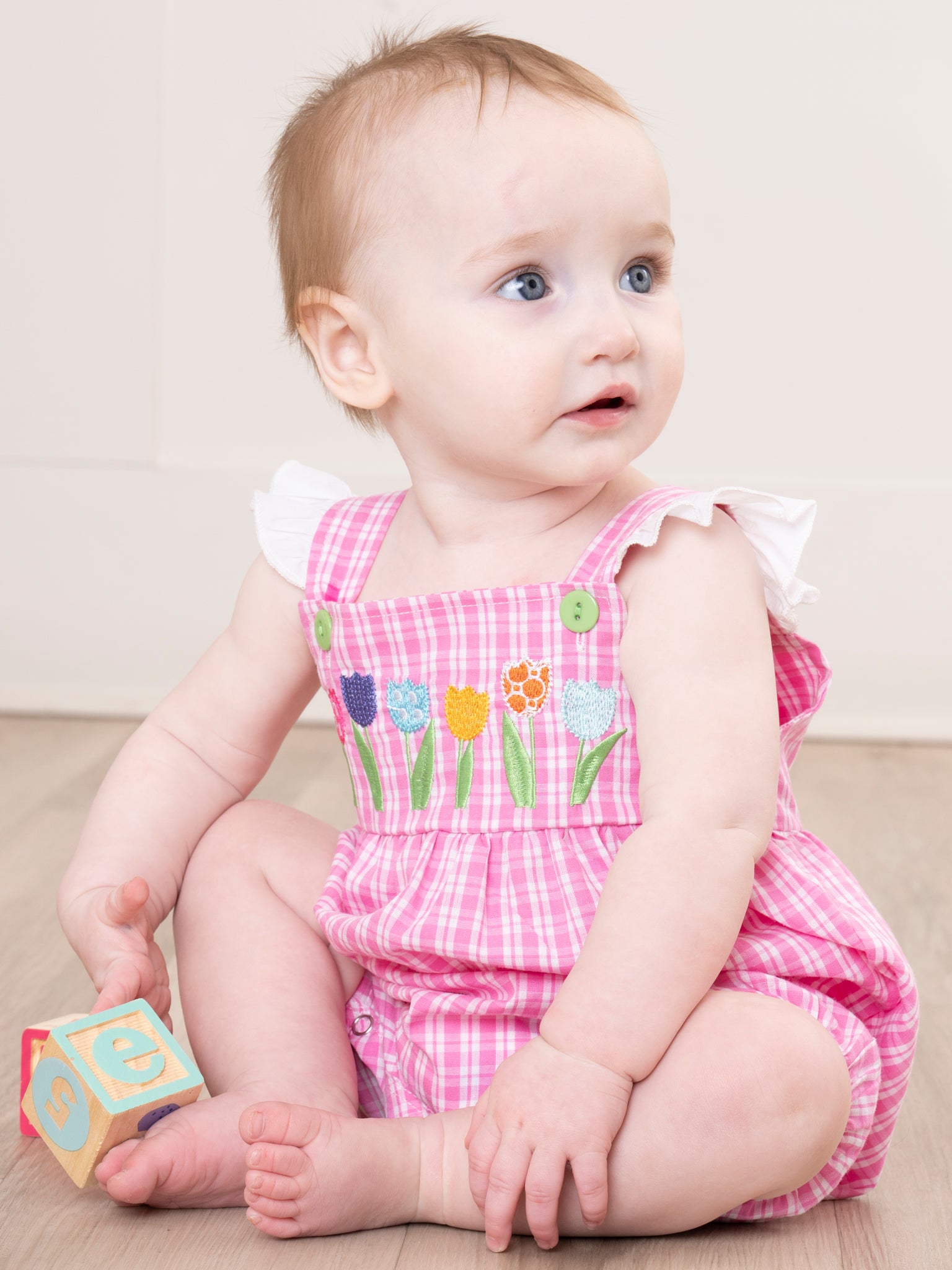 Pink Plaid Embroidered Garden Ruffle Romper - Marie Nicole Clothing
