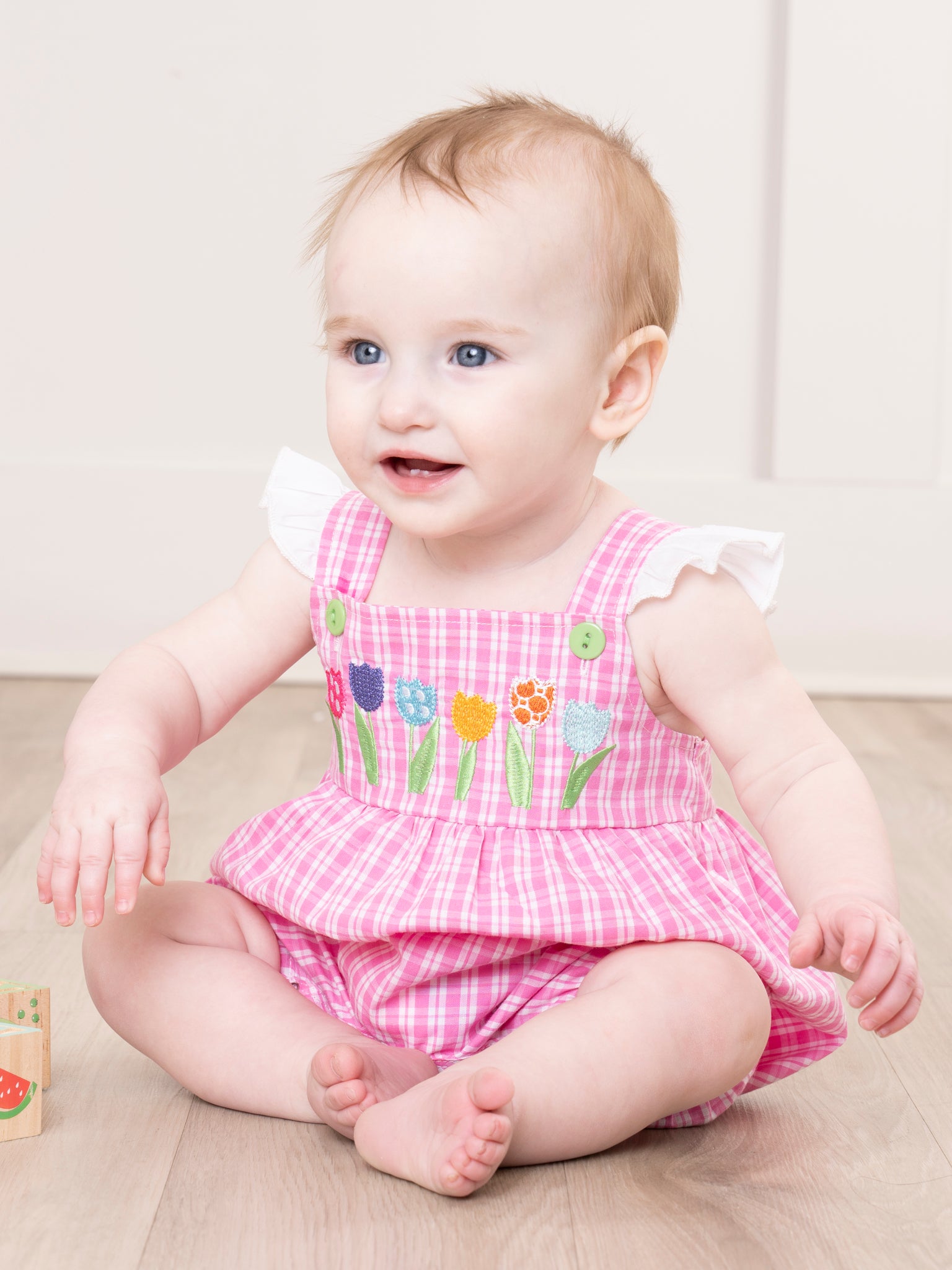 Pink Plaid Embroidered Garden Ruffle Romper - Marie Nicole Clothing