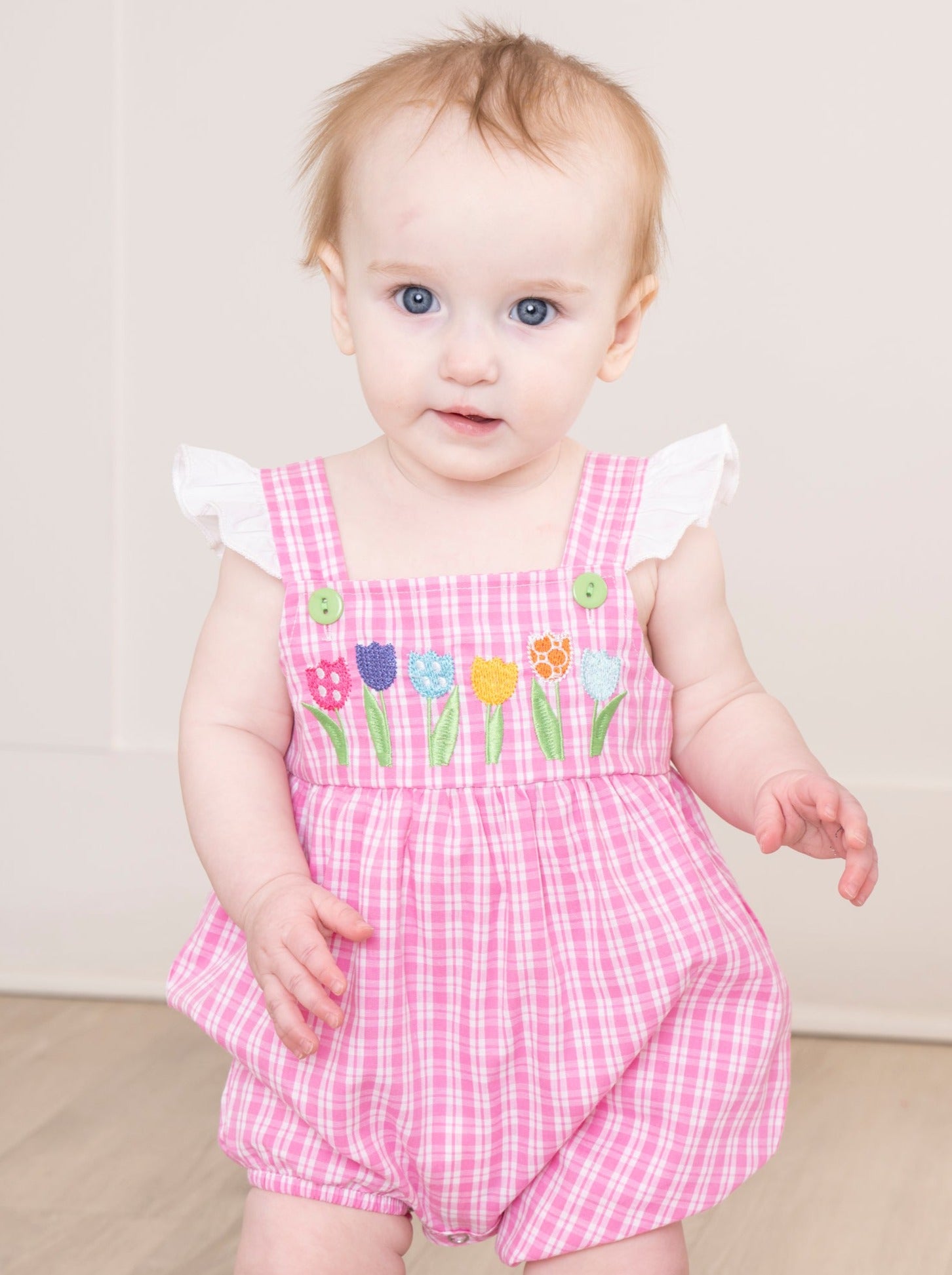 Pink Plaid Embroidered Garden Ruffle Romper - Marie Nicole Clothing
