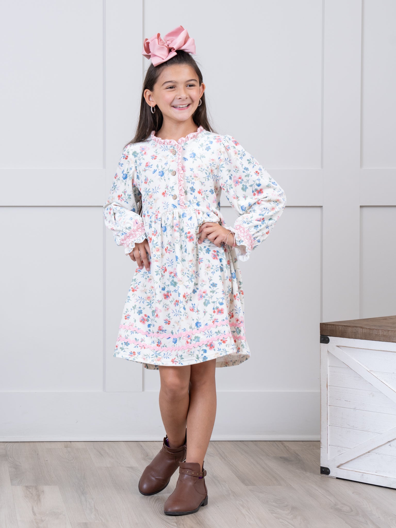 Cream & Pink Velvet Floral Ruffle Dress - Marie Nicole Clothing