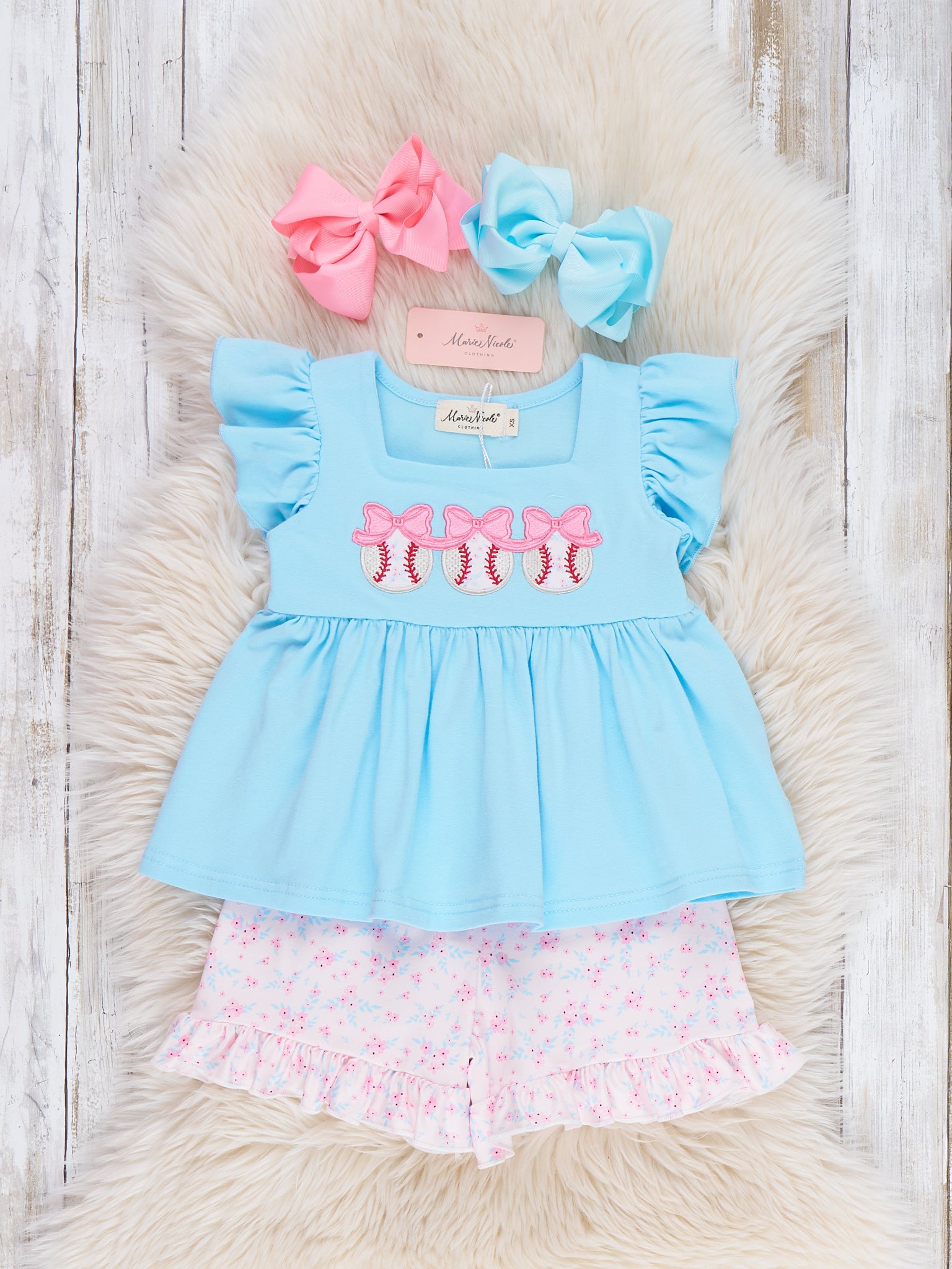 Delight Baseball Embroidered Ruffle Outfit - Marie Nicole Clothing