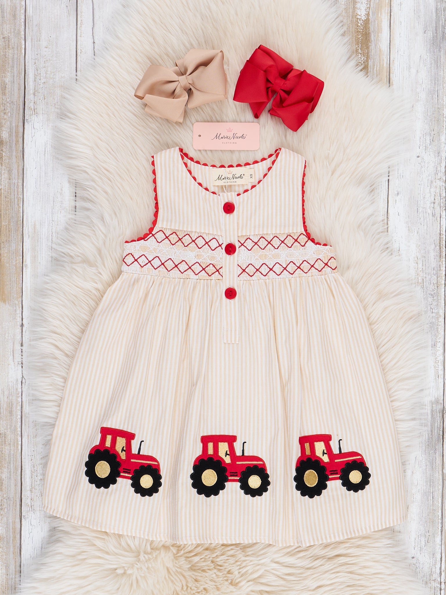 Embroidered Tractor Smocked 100% Cotton Dress - Marie Nicole Clothing