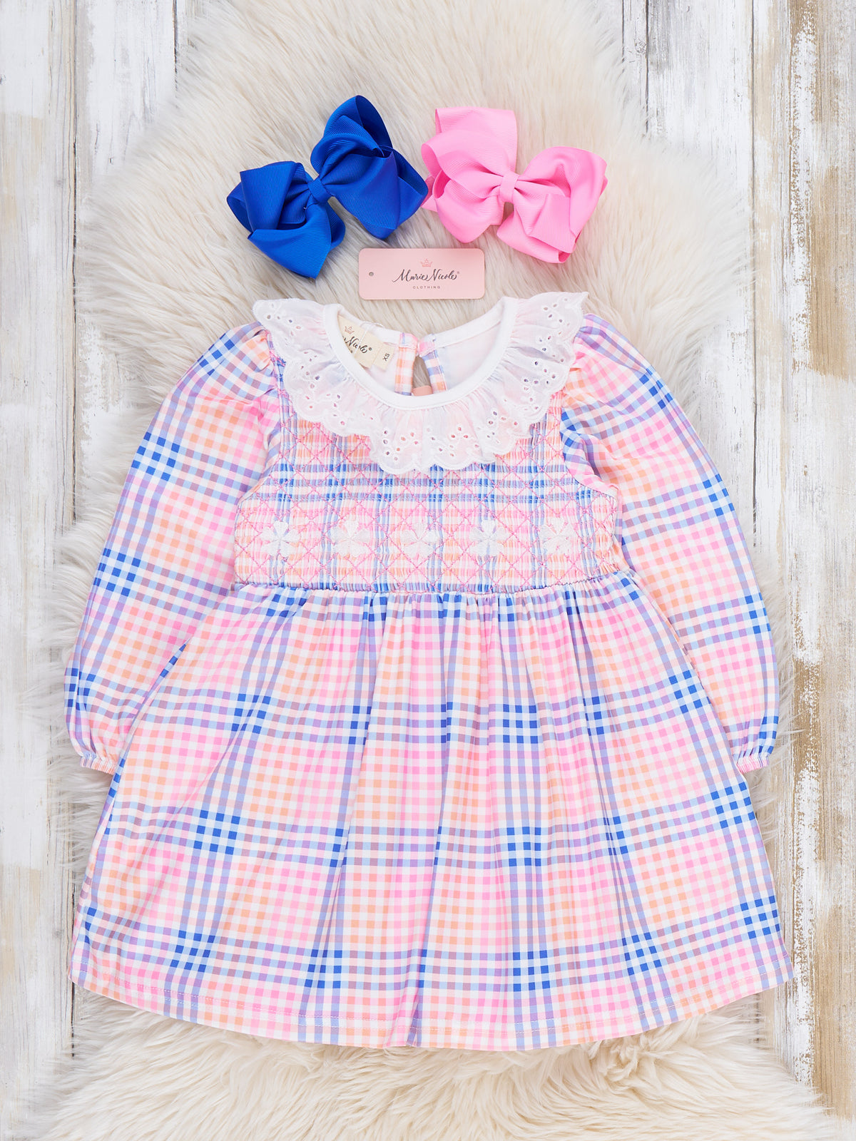 Pastel Plaid Smocked Lace Ruffle Dress - Marie Nicole Clothing